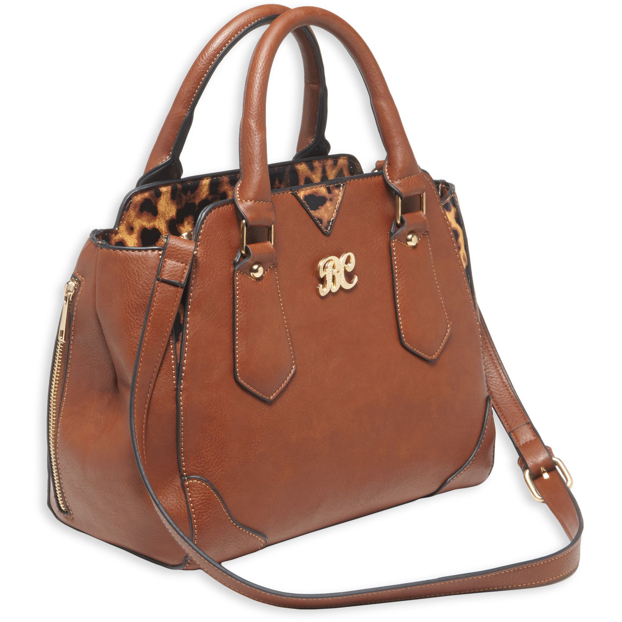 Bulldog Cases Satchel Leather Purse – Chestnut with Leopard Trim