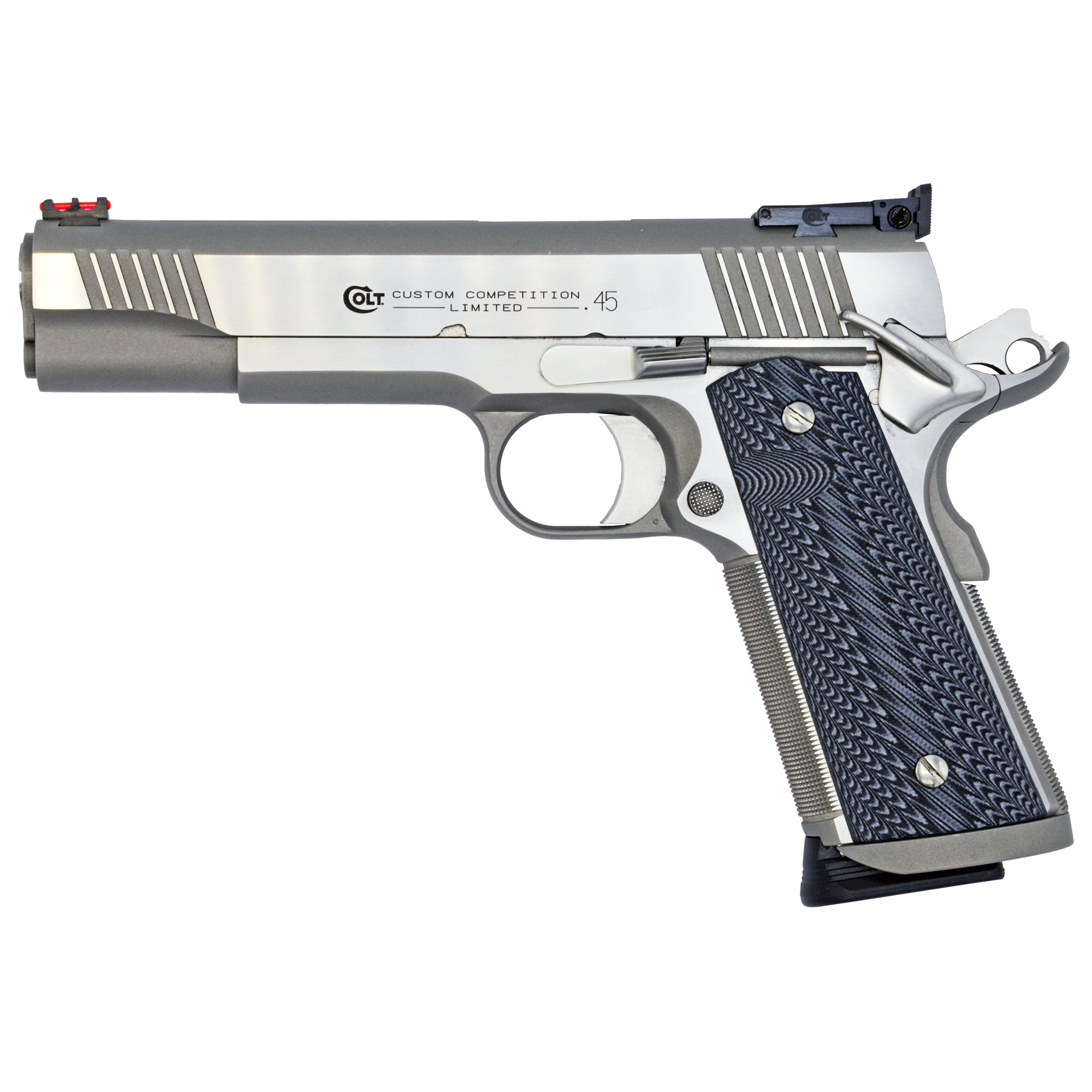 Colt Custom Competition 1911 5″ 45 ACP 7rd Fiber Optic Front, Bomar Style Rear – Silver