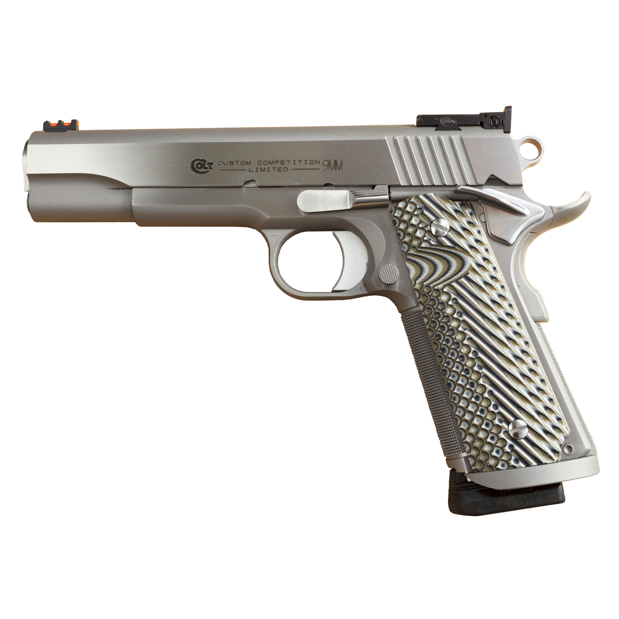 Colt Custom Competition 1911 5″ 9mm 9rd Fiber Optic Front, Bomar Style Rear – Silver