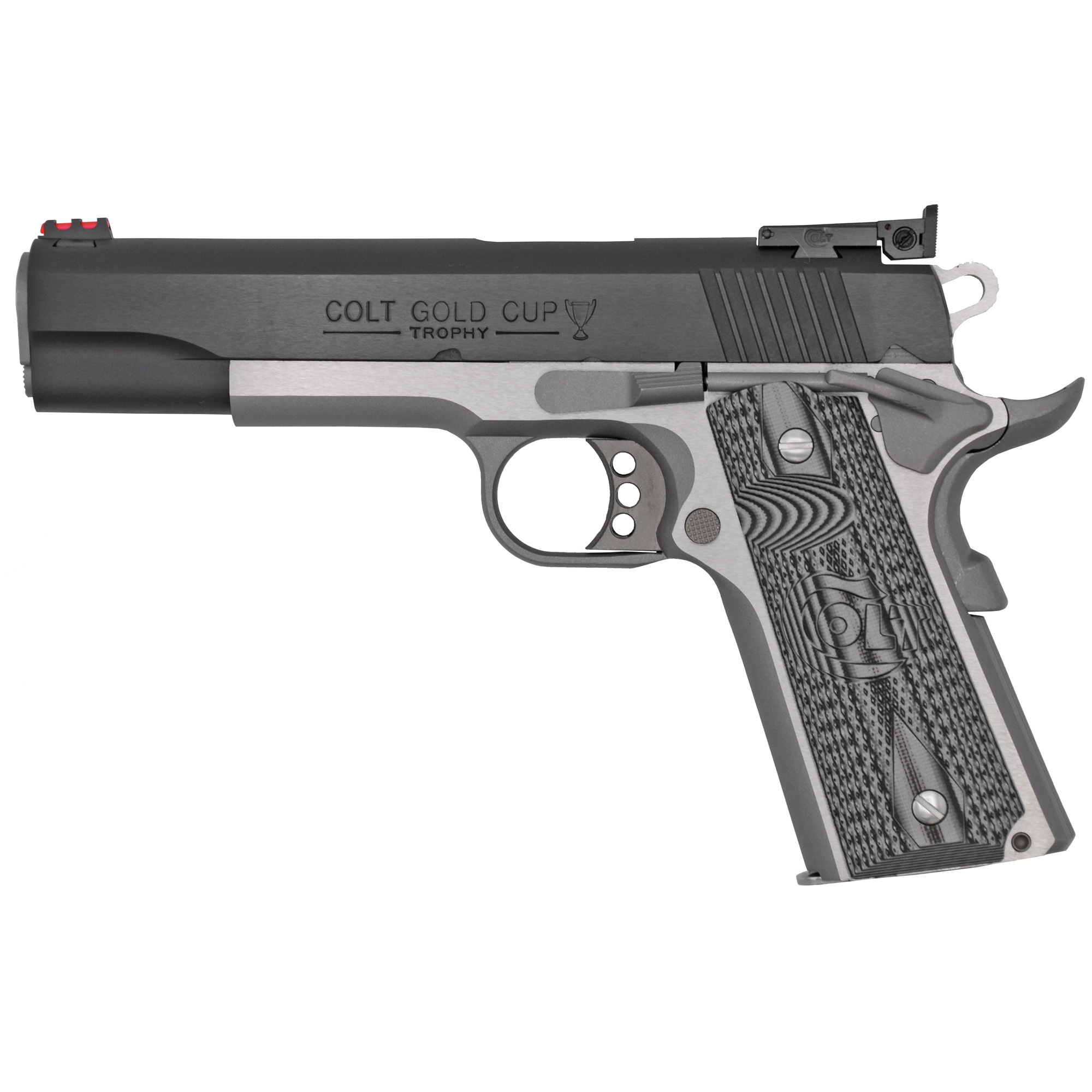 Colt Gold Cup Lite 1911 5″ 38 Super 9rd Fiber Front & Adjustable Rear Sights – Silver, Black