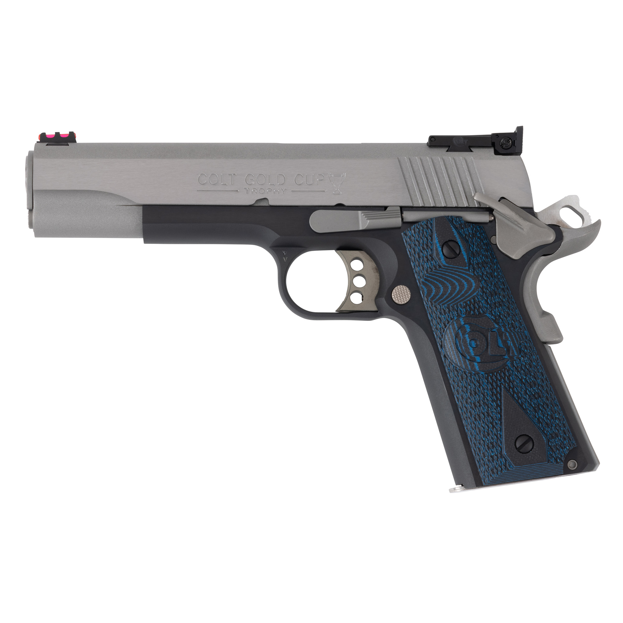 Colt Gold Cup Lite Series 70 1911 5″ 45 ACP 8rd Fiber Optic – Silver, Black