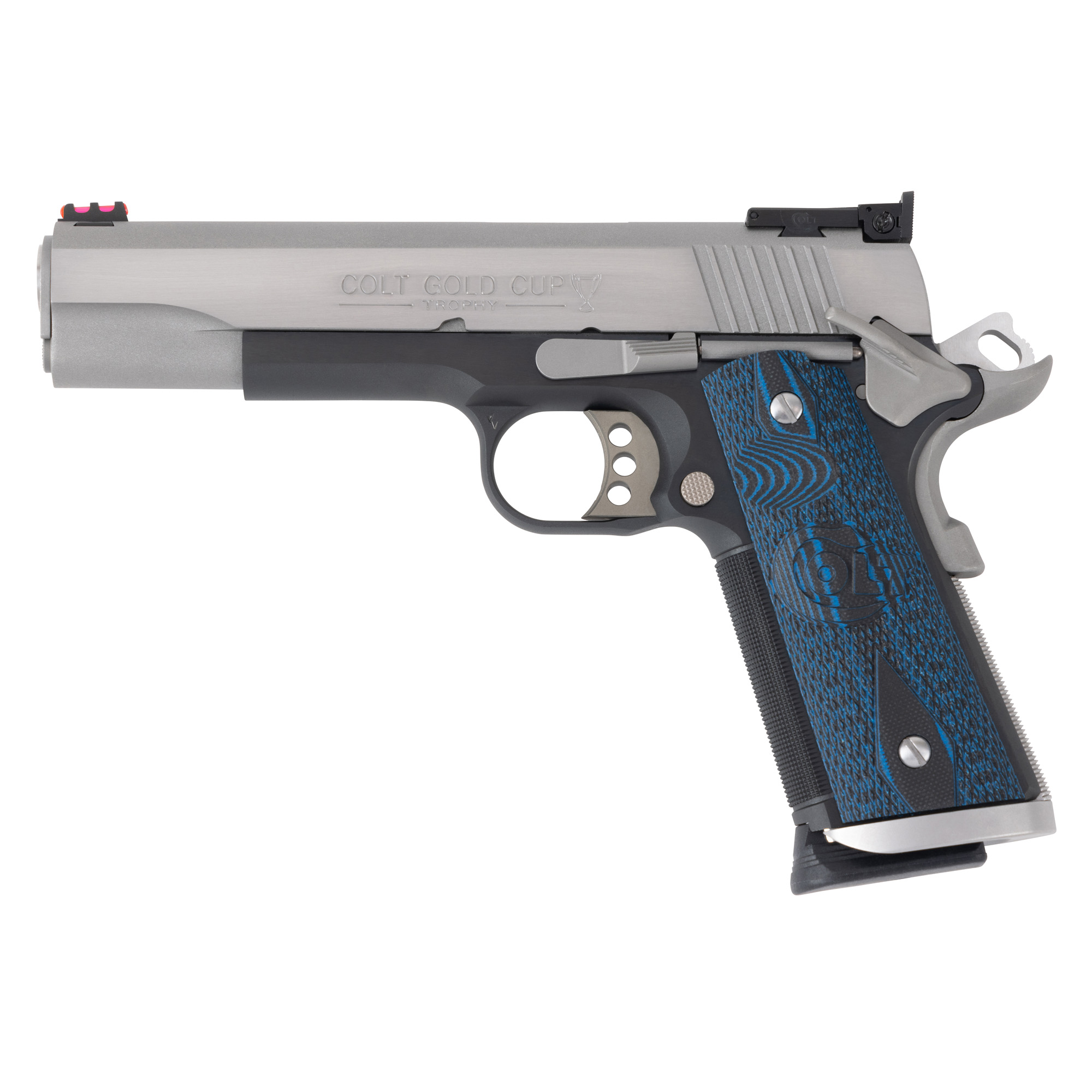 Colt Gold Cup Trophy 1911 5″ 45 ACP 8rd Fiber Optic – Silver, Black