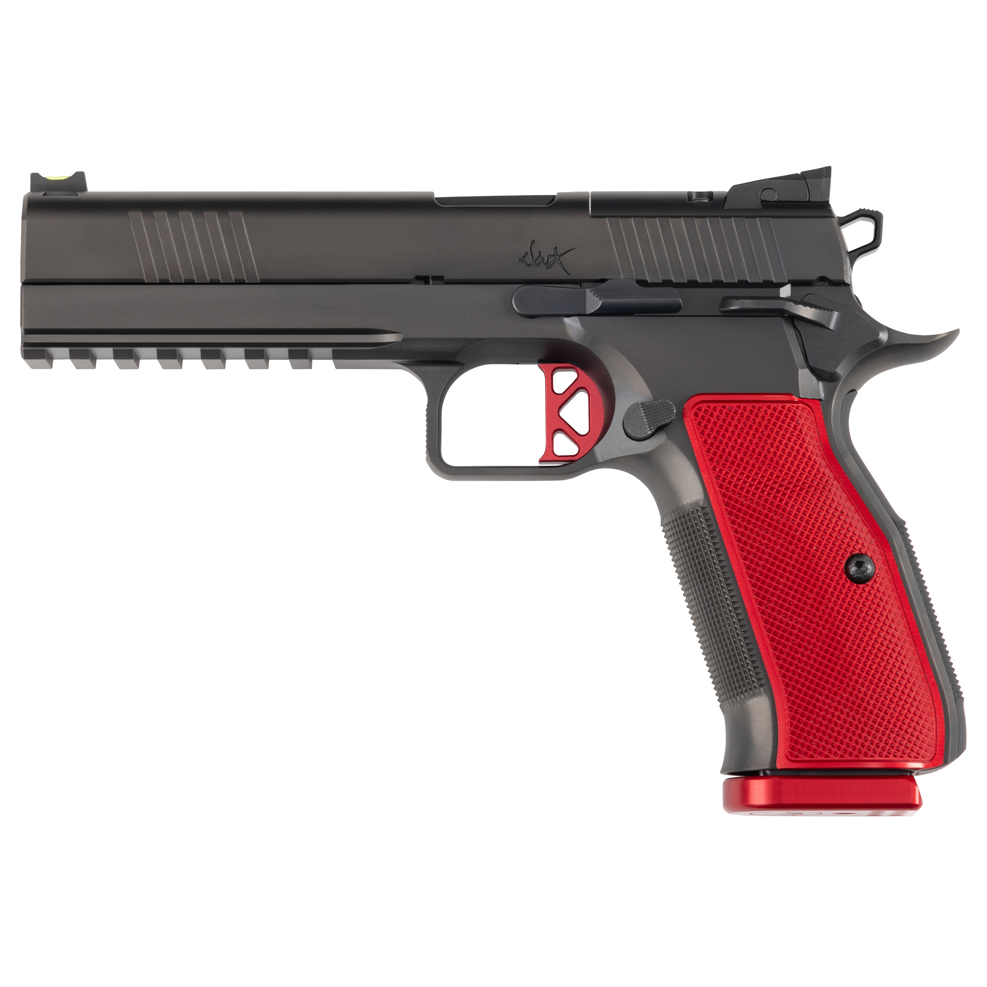 Dan Wesson DWX Single Action Only 4.95″ 9mm 19rd Fiber Front & Adjustable Rear Sights – Black, Red