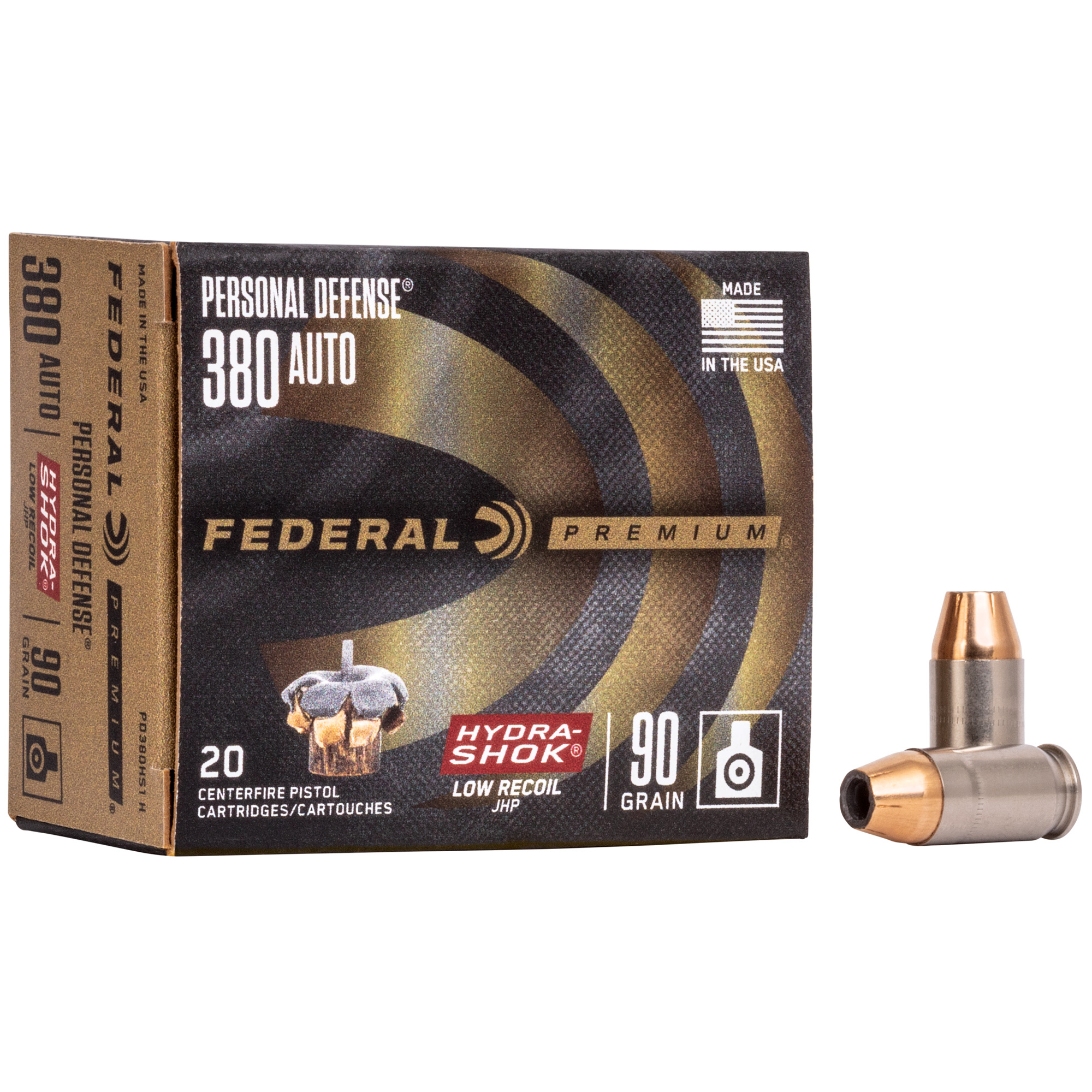 Federal Personal Defense Hydra-Shok 380 ACP Low Recoil 90gr Jacketed Hollow Point – 20rd