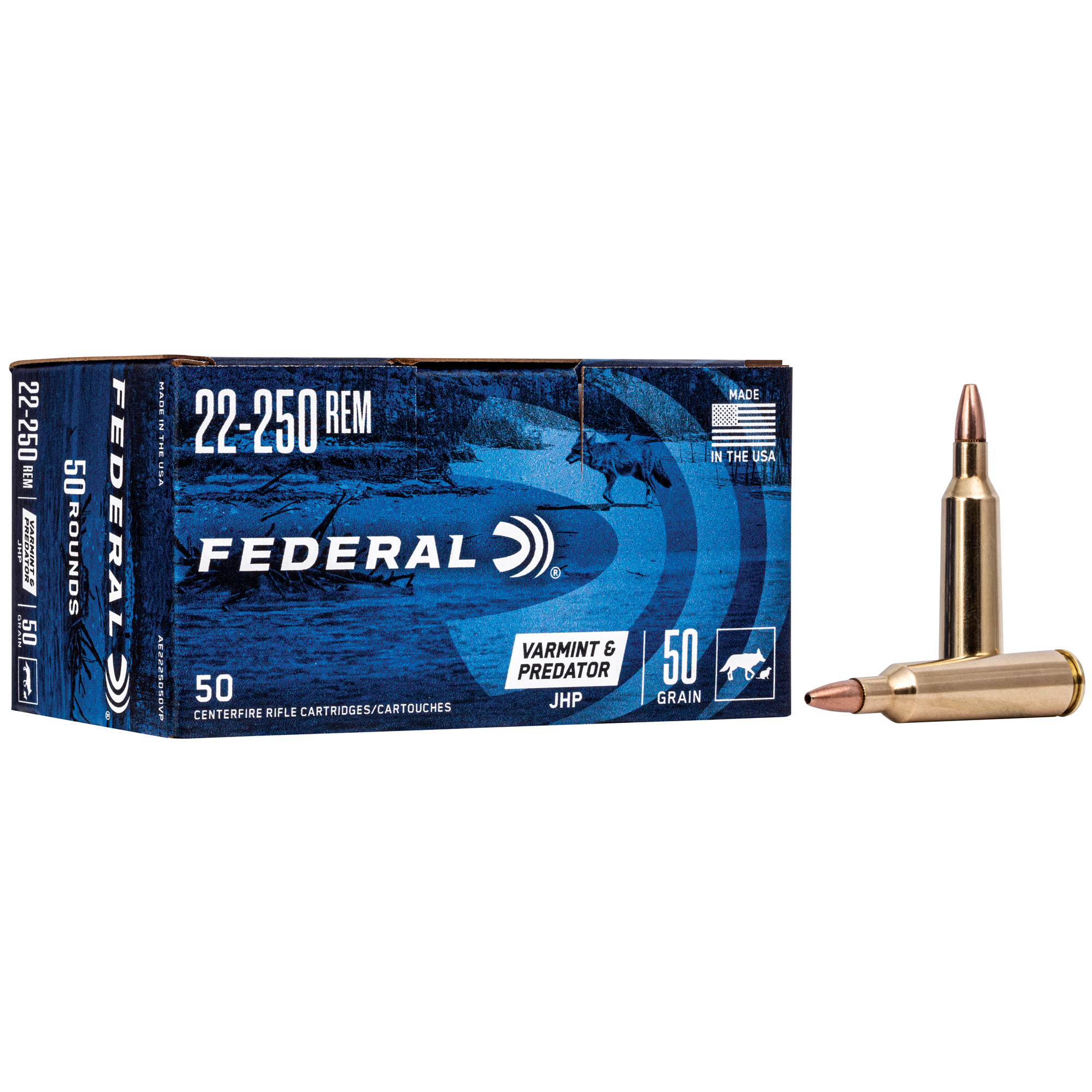 Federal American Eagle Varmint & Predator 22-250 Remington 50gr Jacketed Hollow Point – 50rd