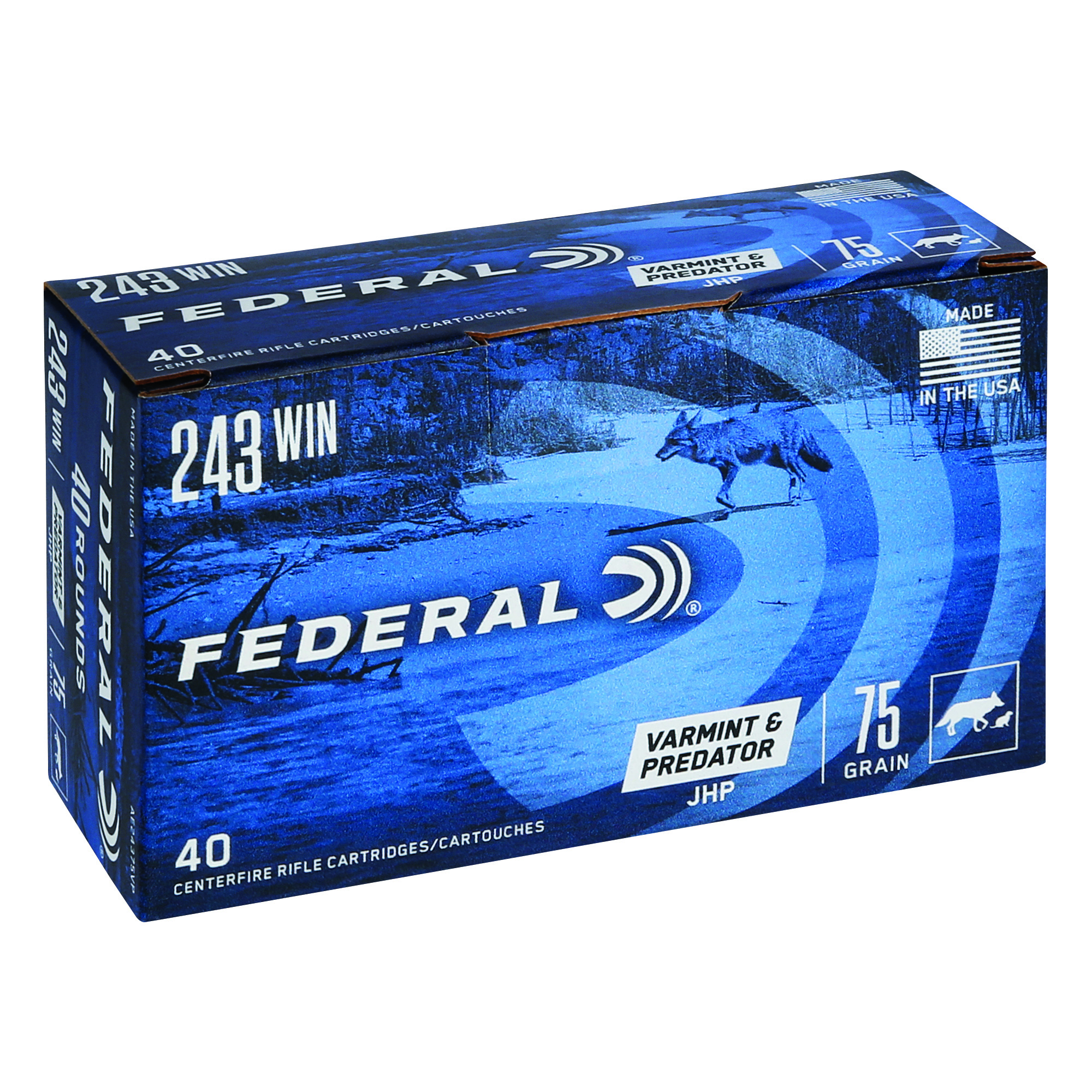 Federal American Eagle Varmint & Predator 243 Winchester 75gr Jacketed Hollow Point – 40rd