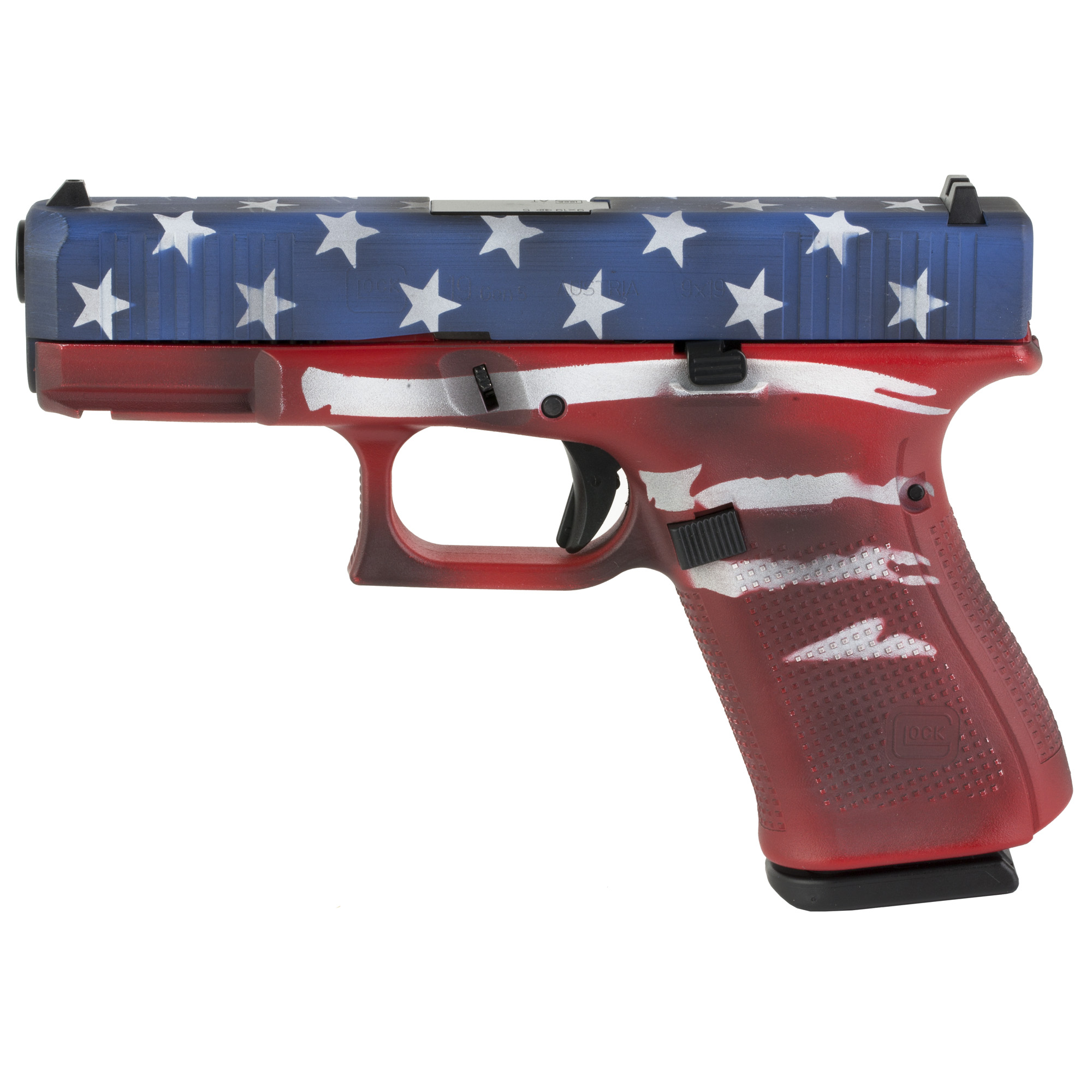 Glock 19 Gen5 Striker Fired 4.02″ 9mm 15rd Fixed Sights – Red, White, Blue Battleworn Flag