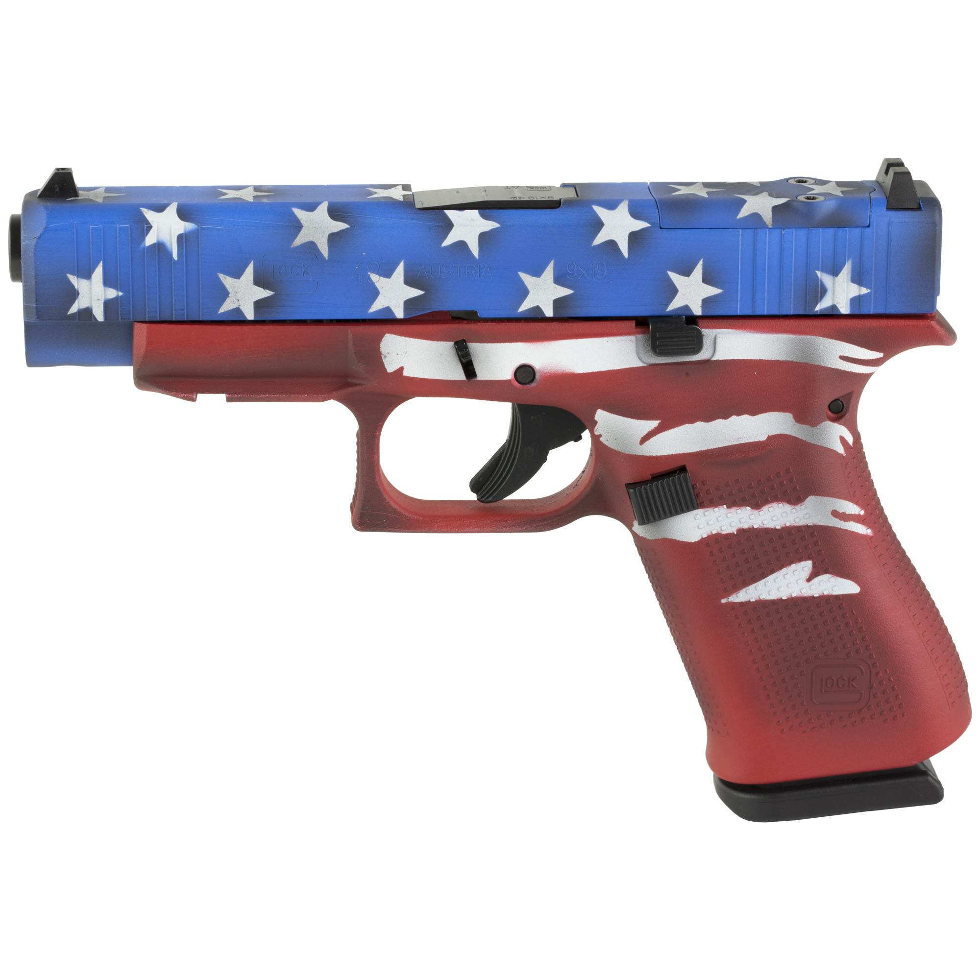 Glock 48 M.O.S Striker Fired 4.17″ 9mm 10rd Fixed Sights – Red, White, Blue Battleworn Flag