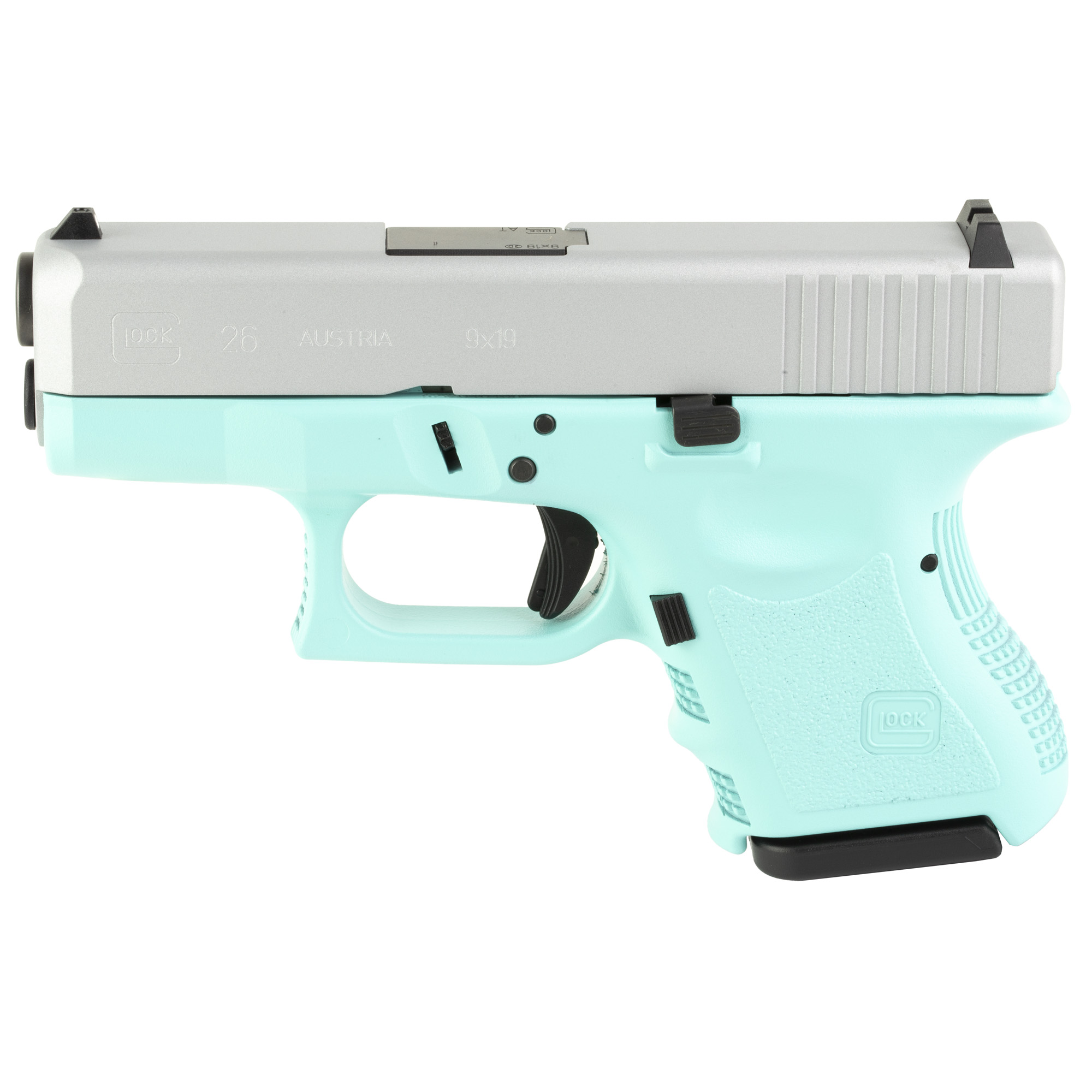 Glock 26 Striker Fired 3.43″ 9mm 10rd Fixed Sights – Robin’s Egg Blue, Silver