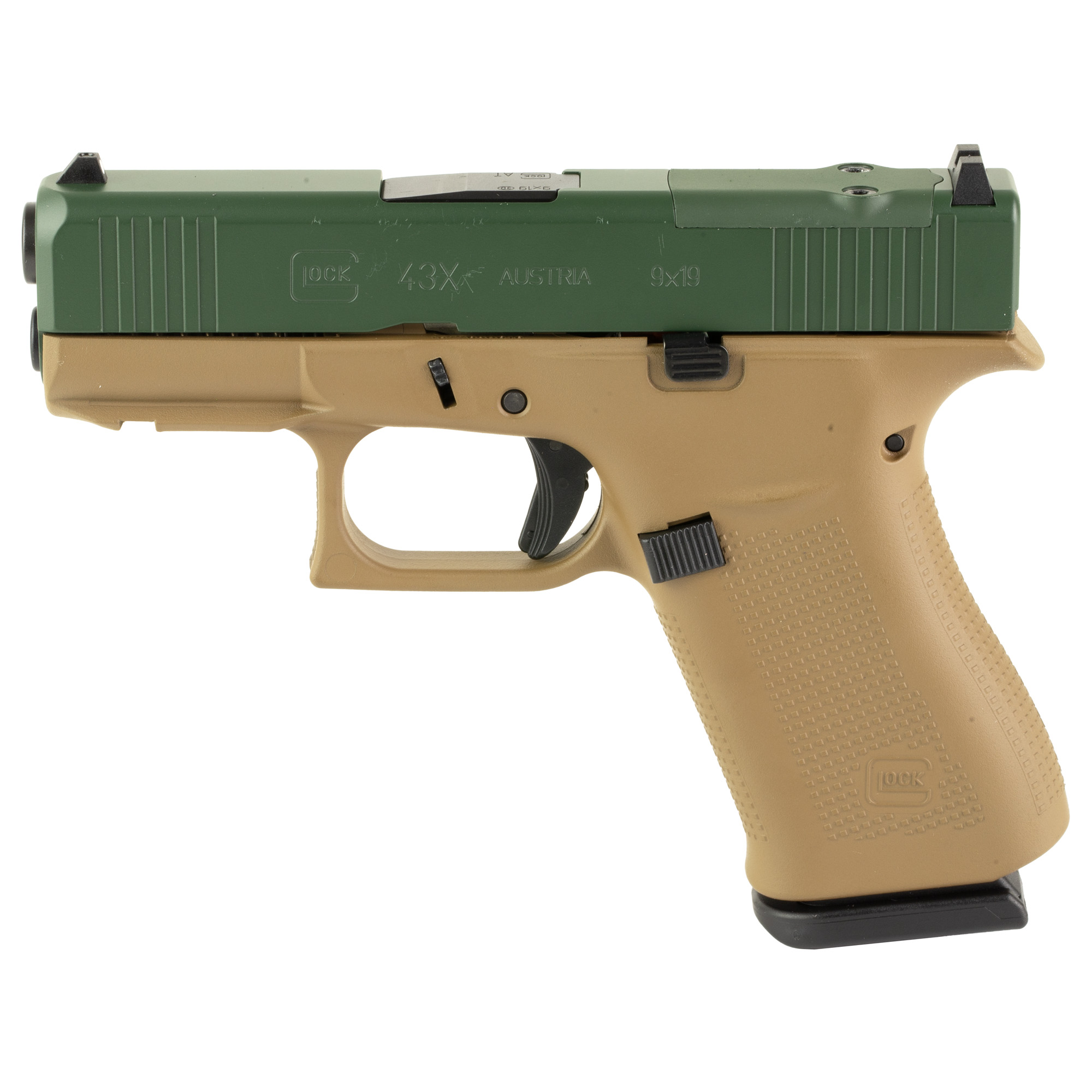 Glock 43X M.O.S Striker Fired 3.41″ 9mm 10rd Fixed Sights – Troy Coyote Tan, Jesse James Green