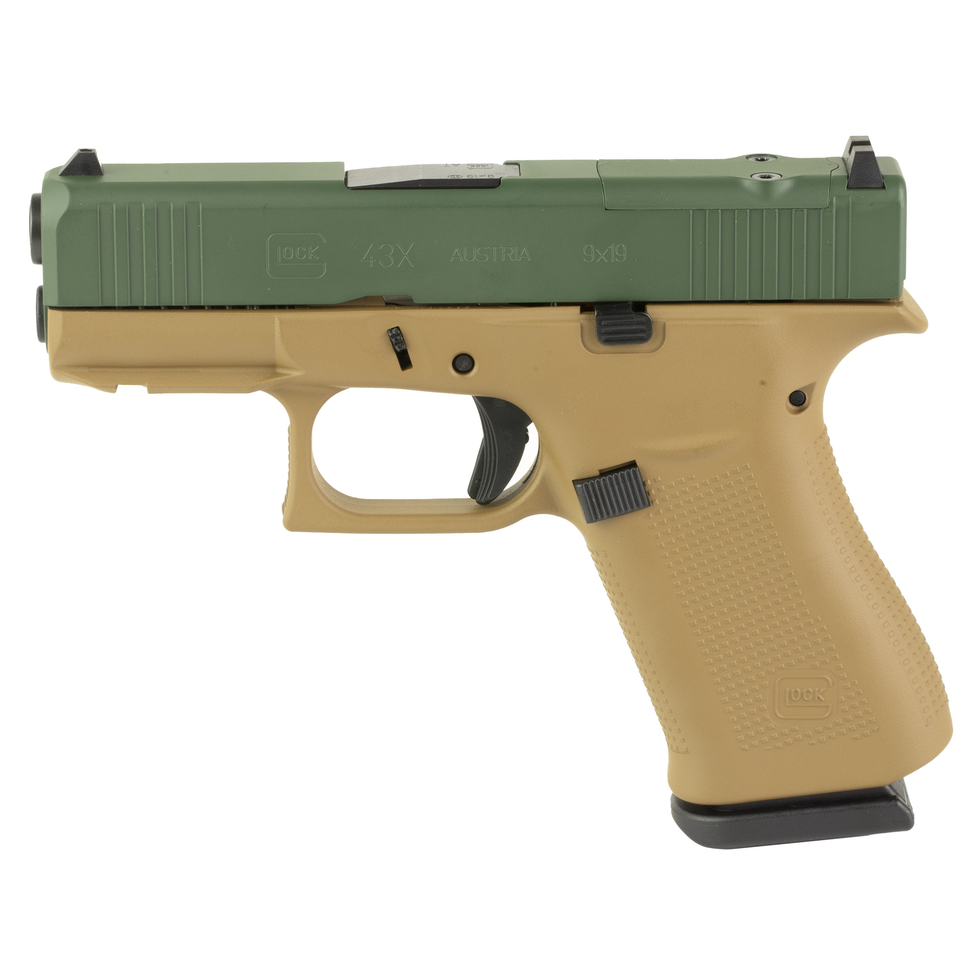 Glock 43X M.O.S Striker Fired 3.41″ 9mm 10rd Fixed Sights – Troy Coyote Tan, Jesse James Green