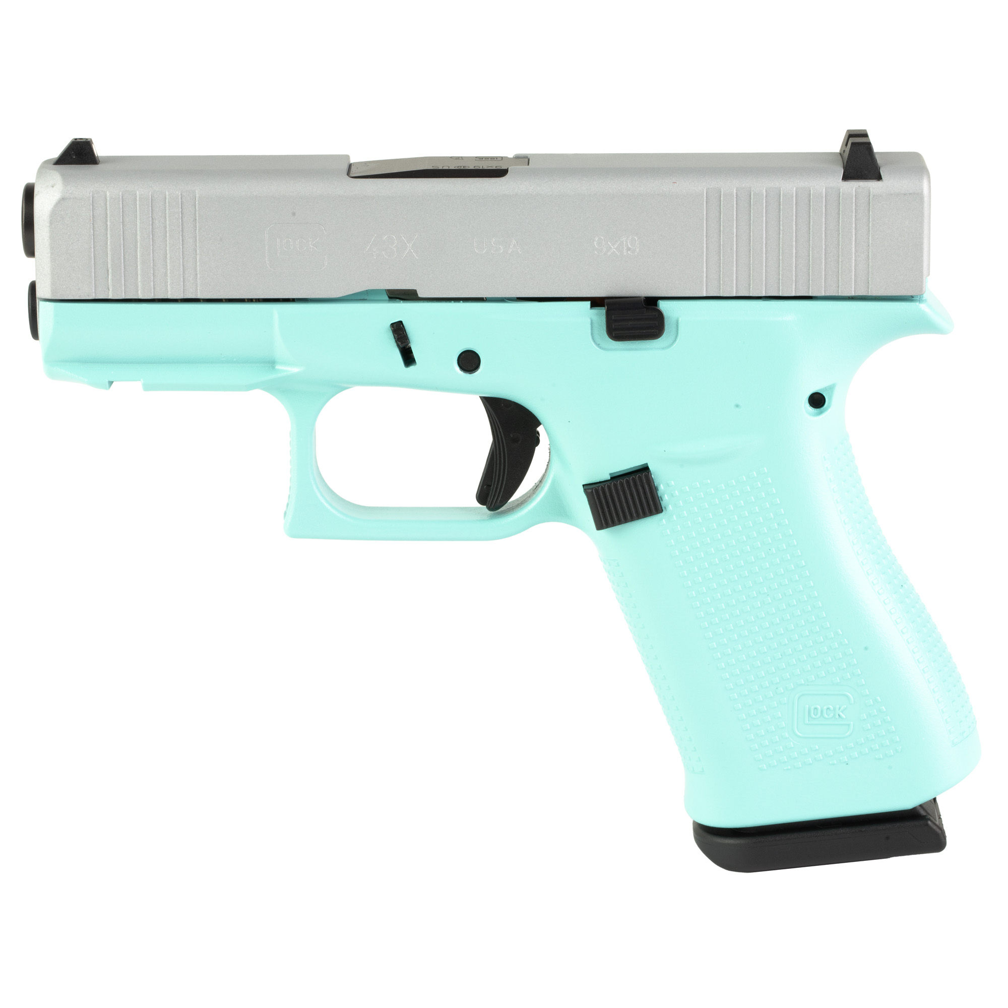 Glock 43X Striker Fired 3.41″ 9mm 10rd Fixed Sights – Robin’s Egg Blue, Silver