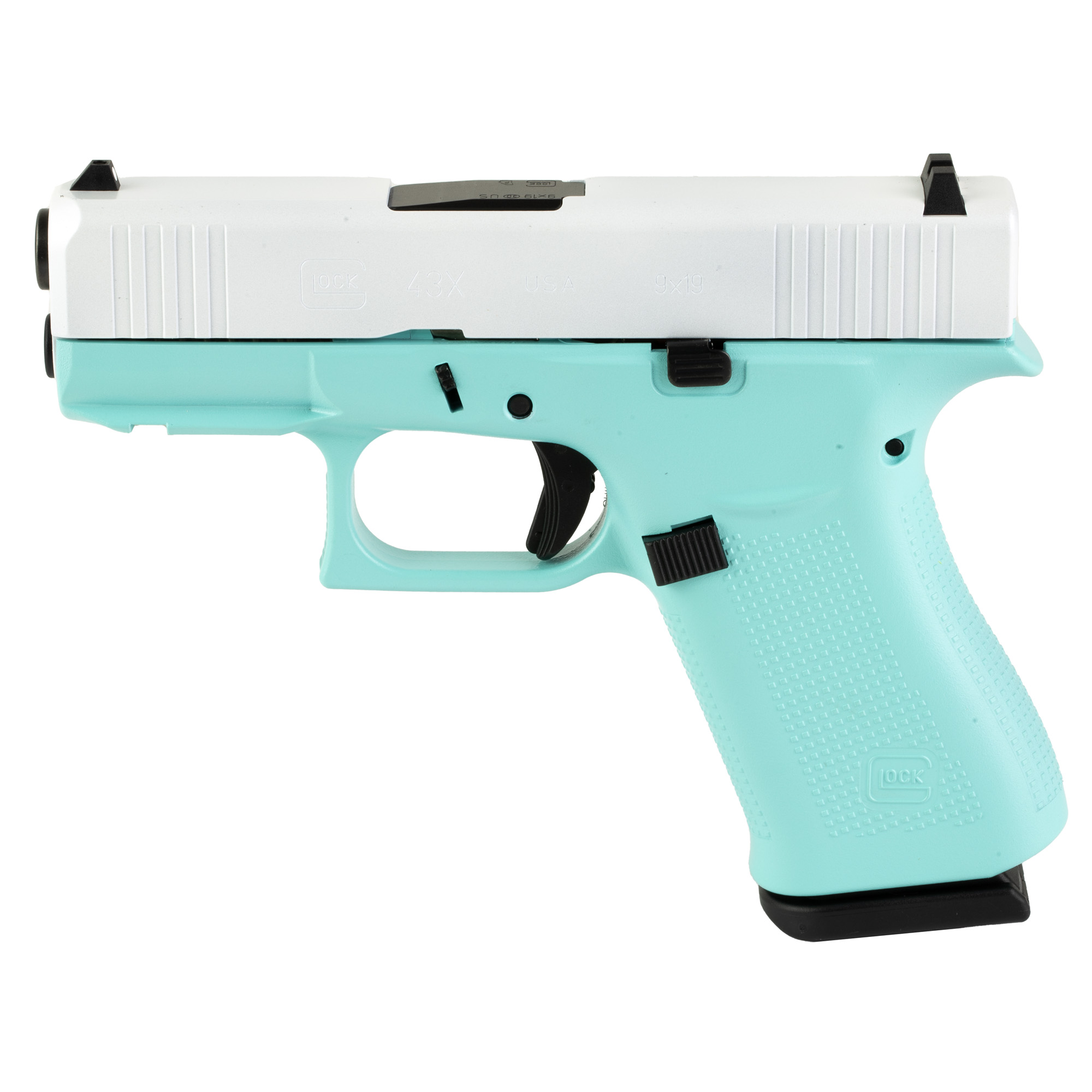 Glock 43X Striker Fired 3.41″ 9mm 10rd Fixed Sights – Robin’s Egg Blue, White