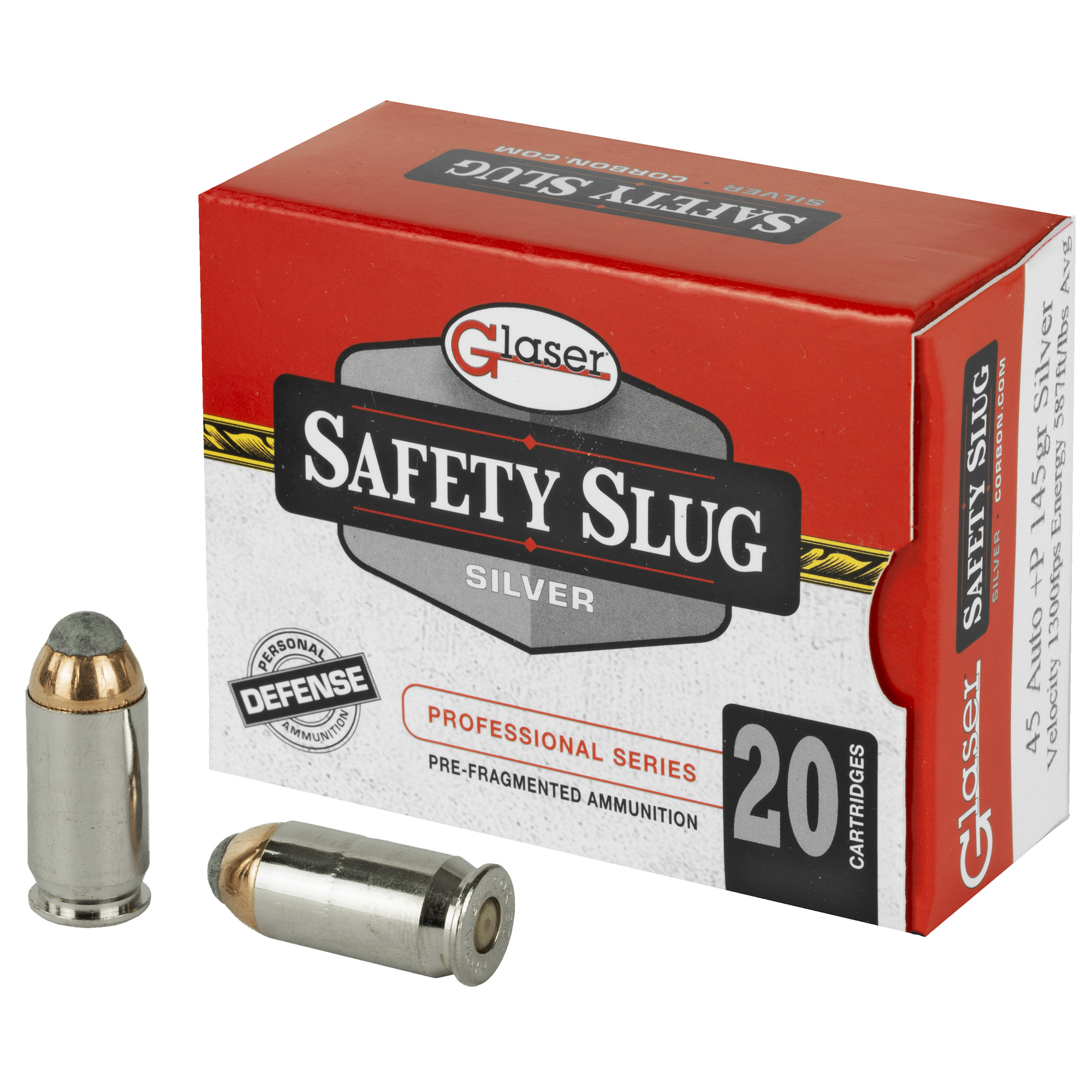 Glaser Silver 45 ACP +P 145gr Pre-Fragmented – 20rd