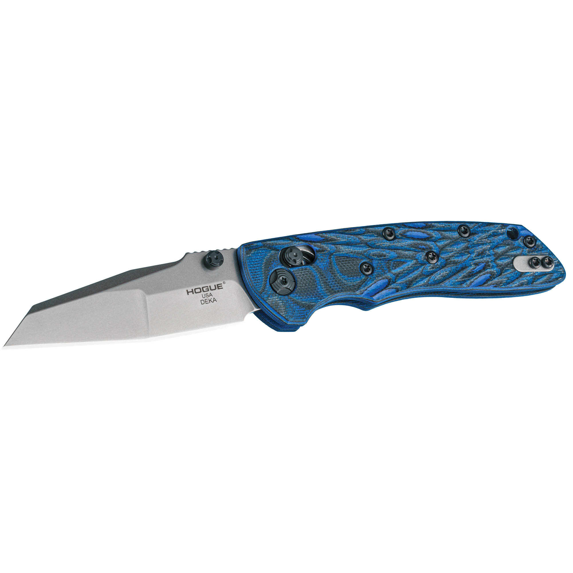 Hogue Deka Manual Folder 3.25″ Wharncliffe Blade – Tumbled Finish, G-Mascus Blue Lava G10 Frame