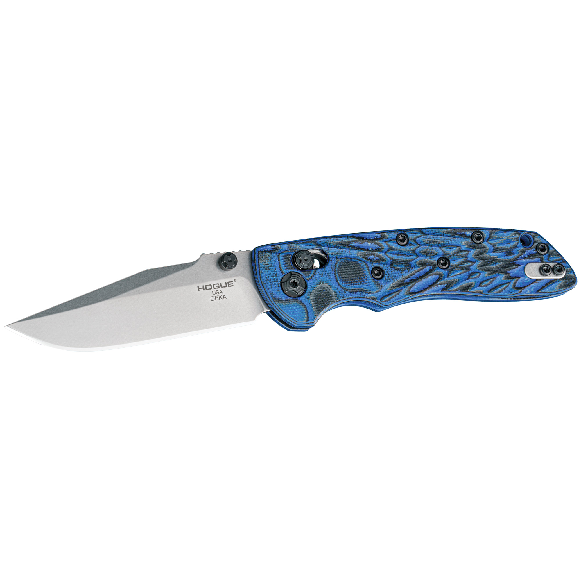 Hogue Deka Manual Folder 3.25″ Clip Point Blade – Tumbled Finish, G-Mascus Blue Lava G10 Frame