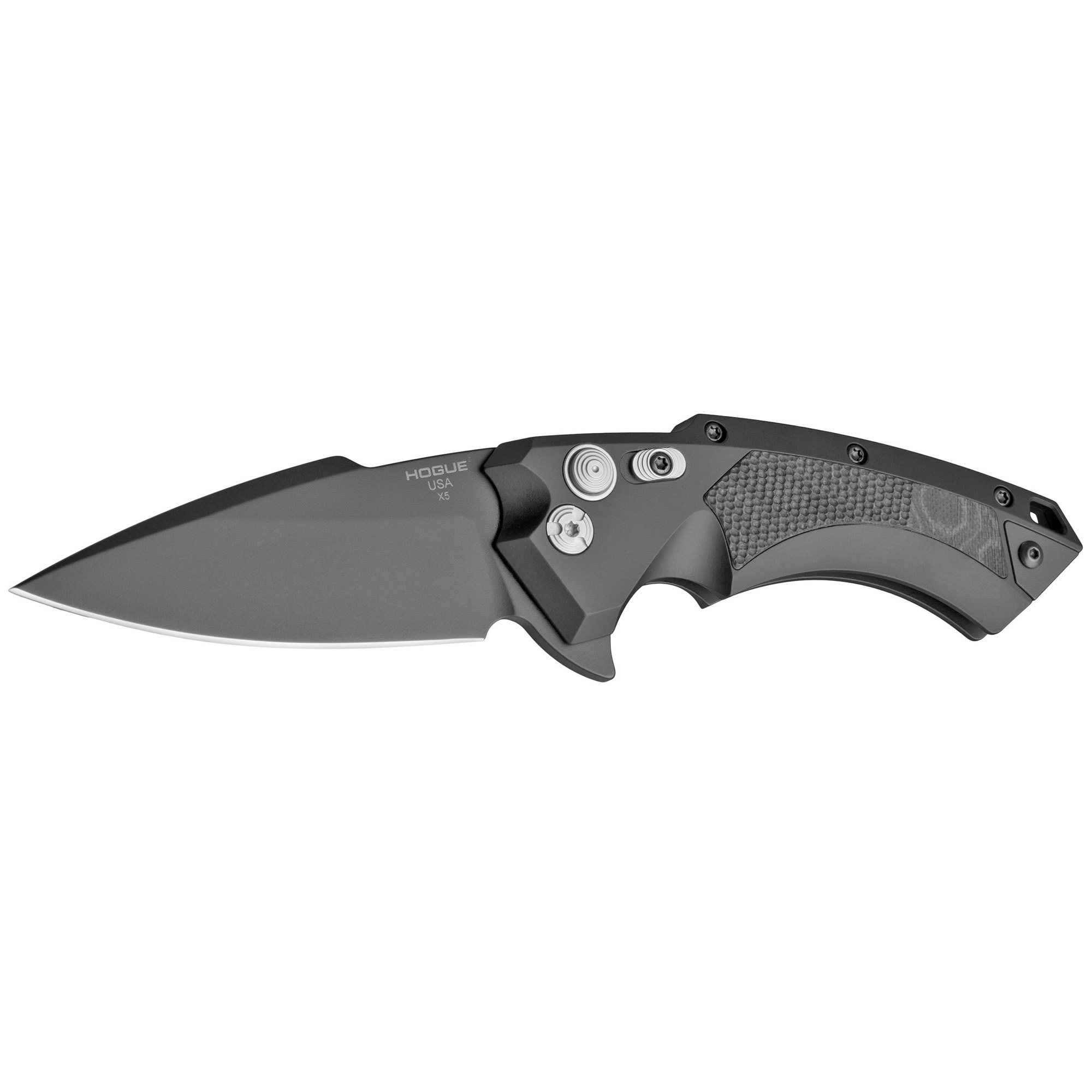 Hogue X5 Manual Flipper 4.0″ Spear Point Blade – Black Cerakote Finish, Matte Black Aluminum Frame & G-Mascus Black G10 Inserts