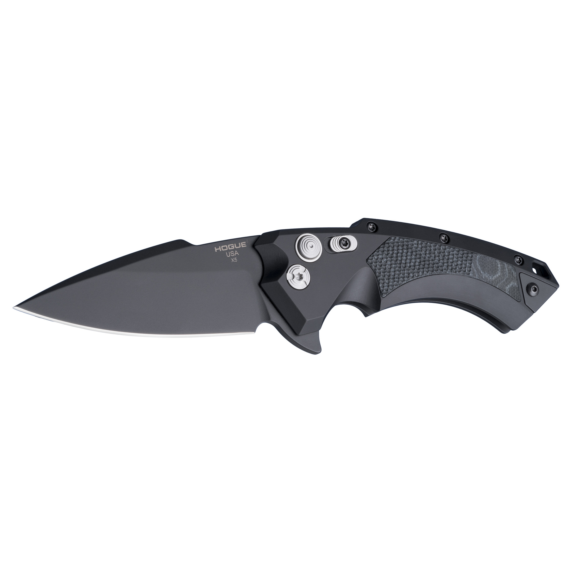 Hogue X5 Manual Flipper 3.5″ Spear Point Blade – Black Cerakote Finish, Matte Black Aluminum Frame & G-Mascus Black G10 Inserts