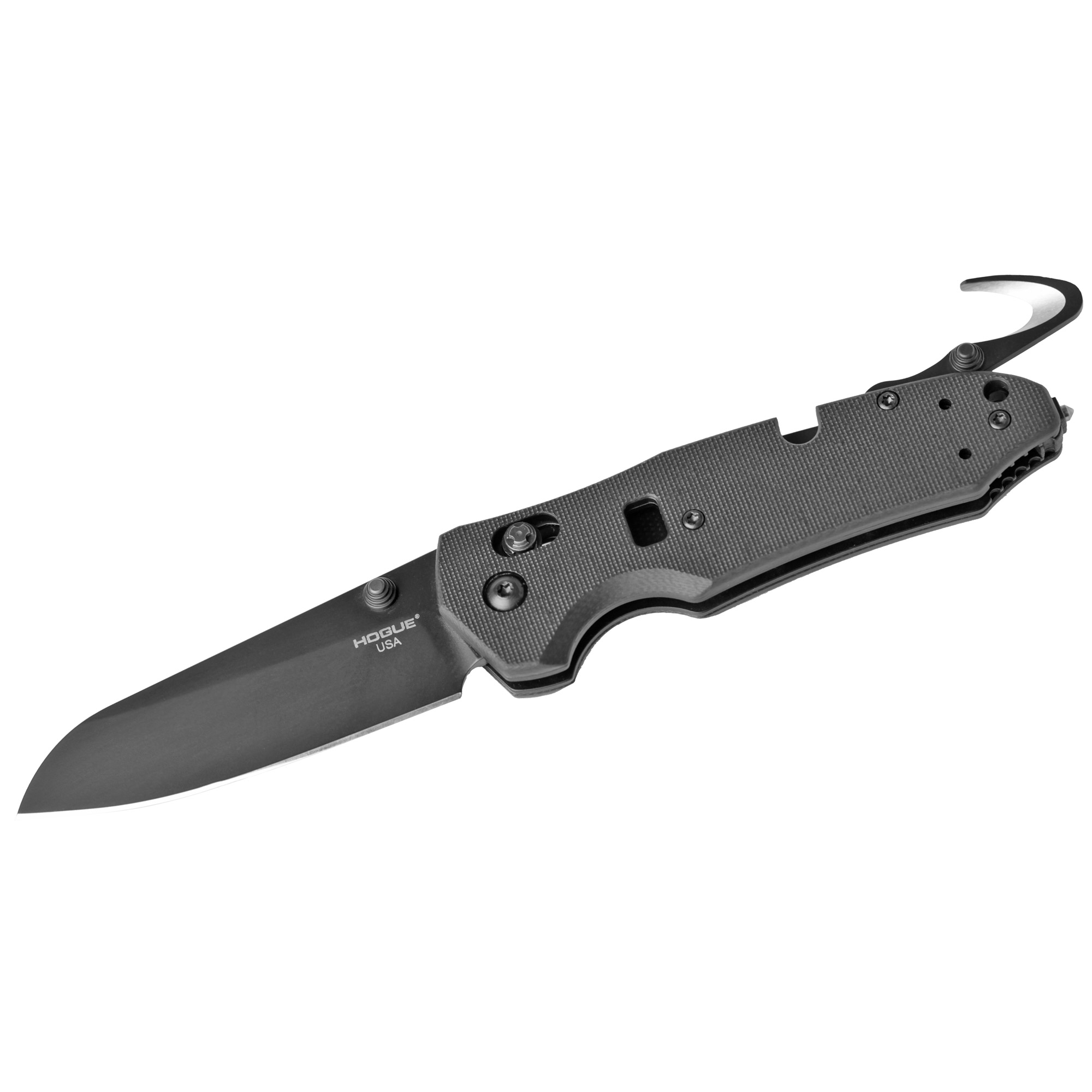 Hogue Trauma First Response Tool 3.4″ Sheepsfoot Blade – Black Cerakote Finish, Solid Black G10 Frame