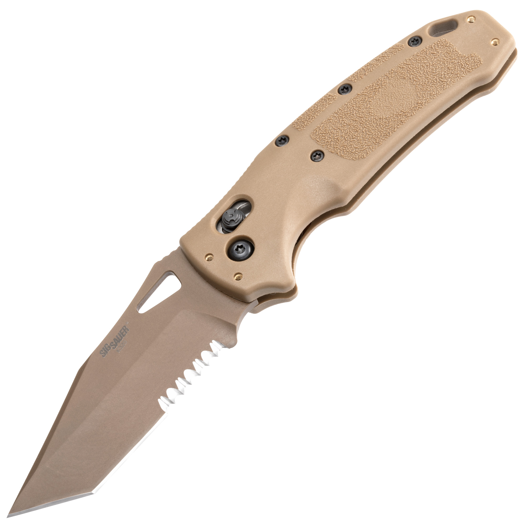 Hogue Sig K320 M17/M18 Manual Folder 3.5″ Tanto Blade (Partially Serrated) – Coyote PVD Finish, Coyote Tan Polymer Frame