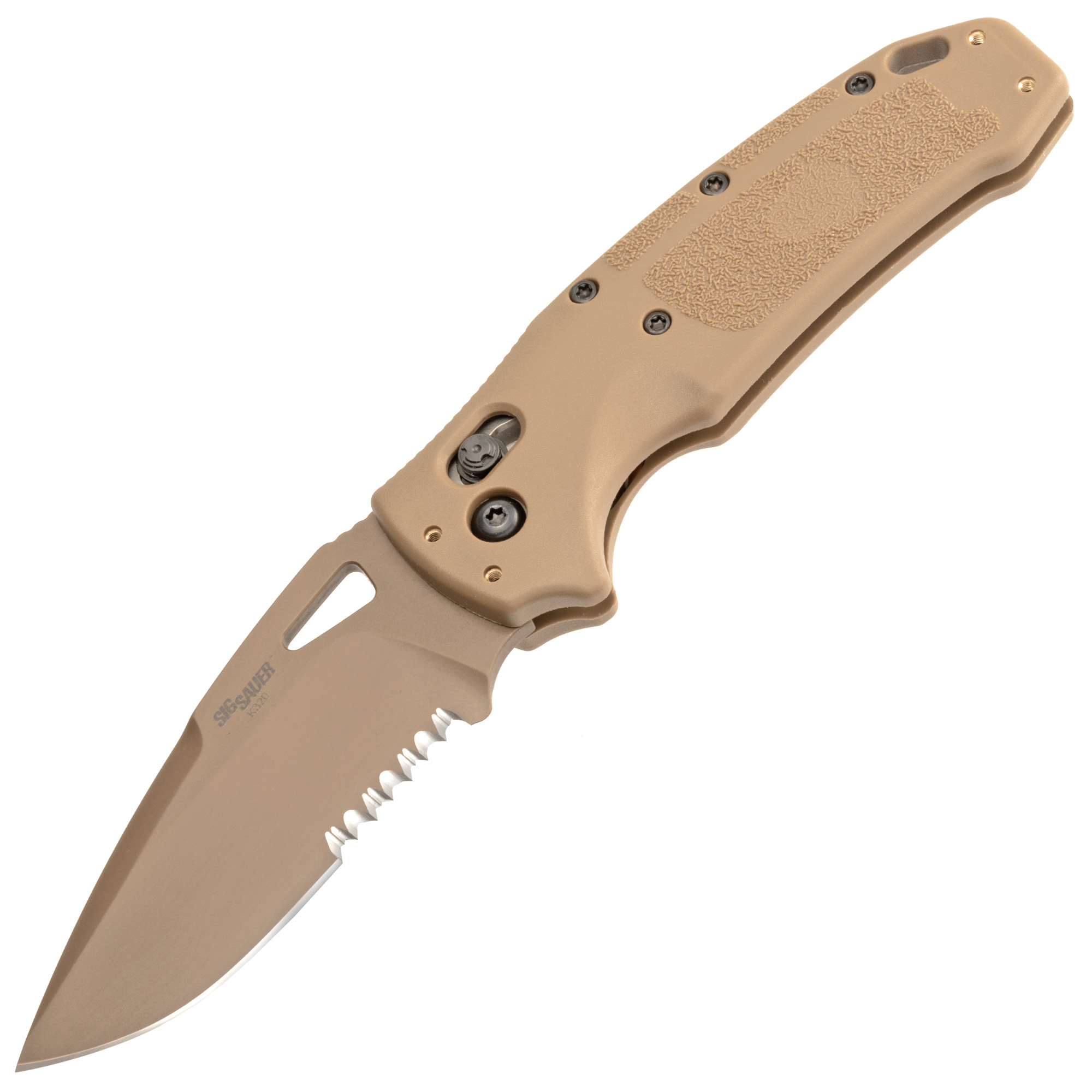 Hogue Sig K320 M17/M18 Manual Folder 3.5″ Drop Point Blade (Partially Serrated) – Coyote PVD Finish, Coyote Tan Polymer Frame