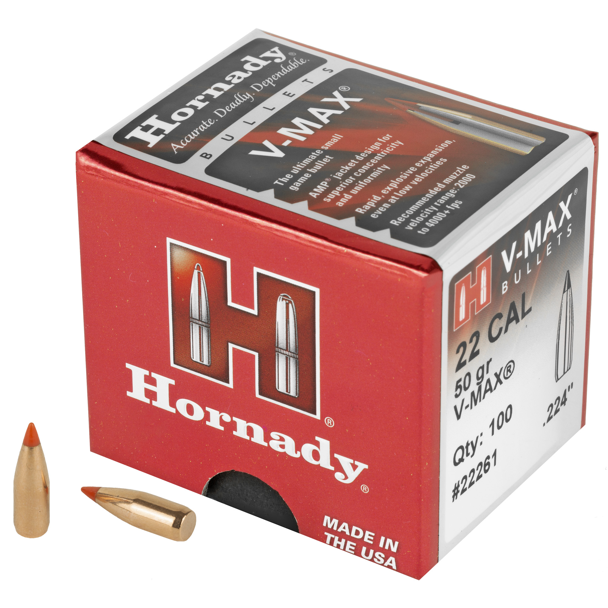 Hornady V-MAX 22 Caliber .224 50gr Lead and Copper – 100