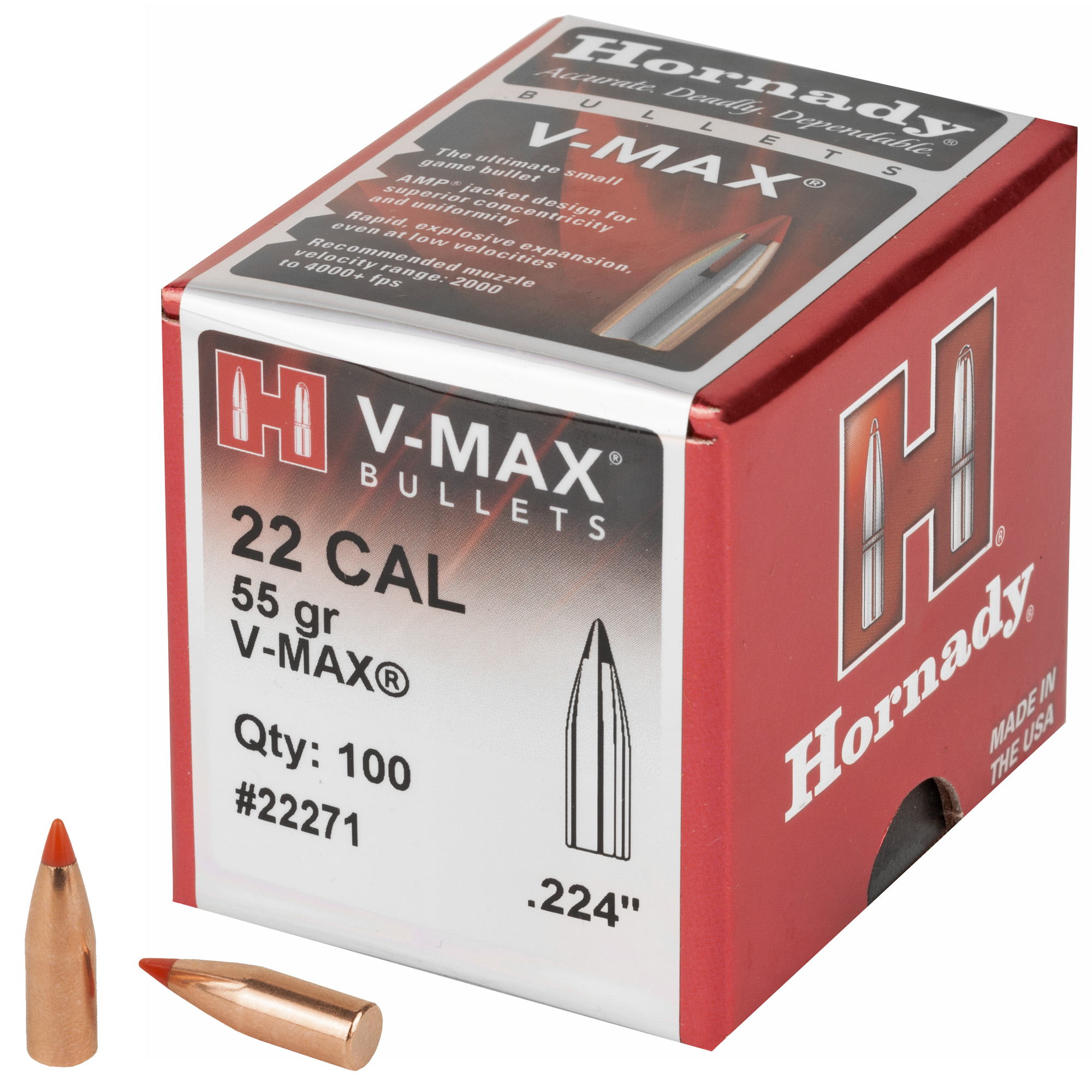 Hornady V-MAX 22 Caliber .224 55gr Lead and Copper – 100