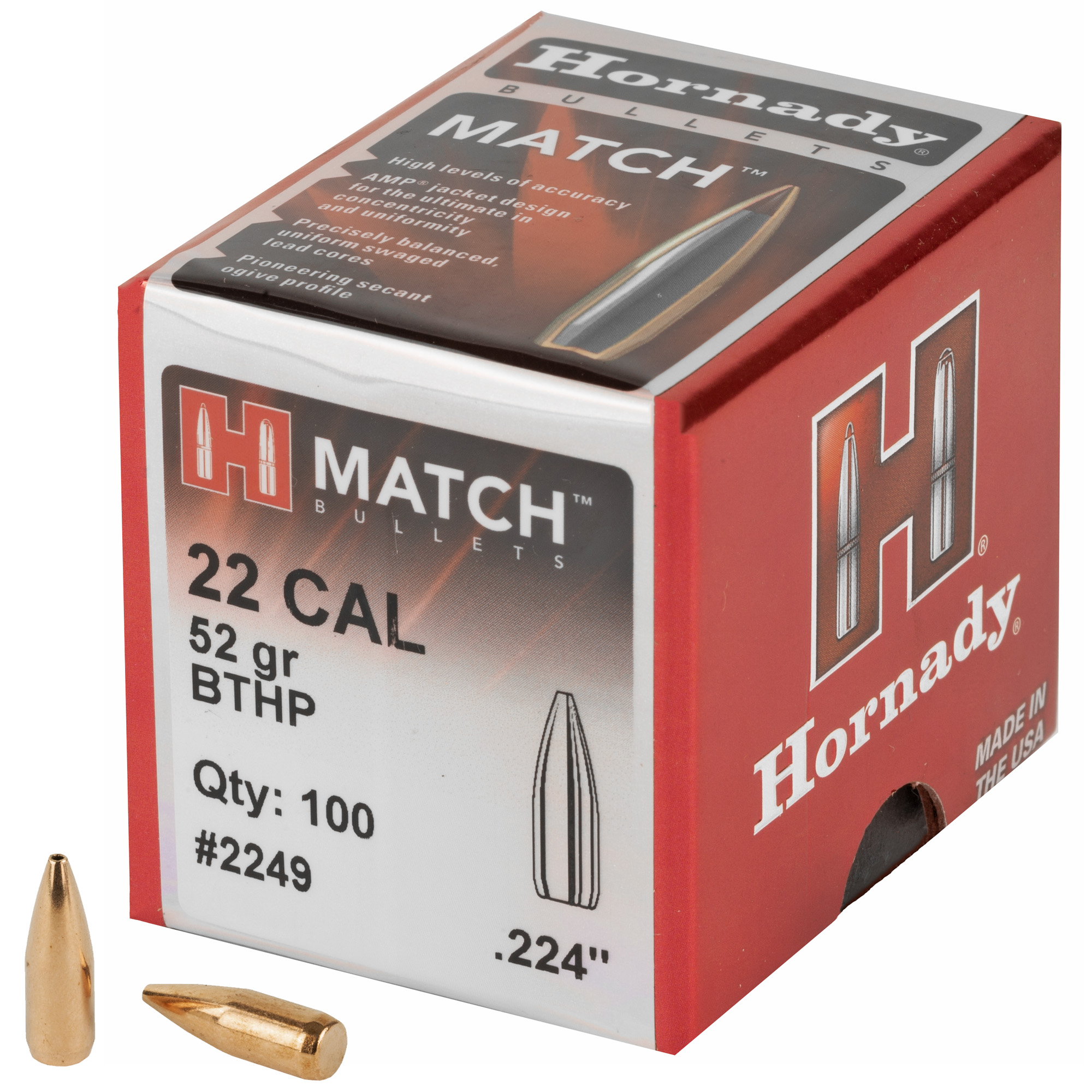 Hornady Match 22 Caliber .224 52gr Lead and Copper Boat Tail Hollow Point – 100