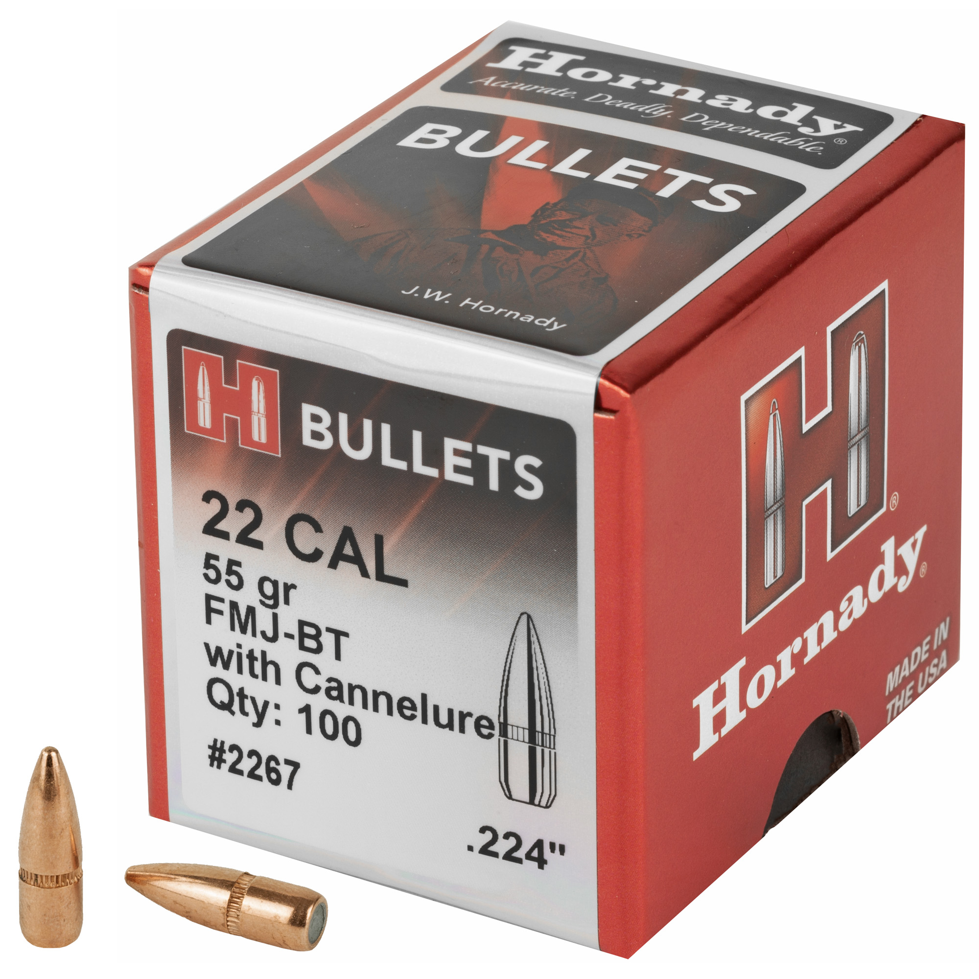 Hornady Full Metal Jacket Boat Tail 22 Caliber .224 55gr Lead and Copper – 100