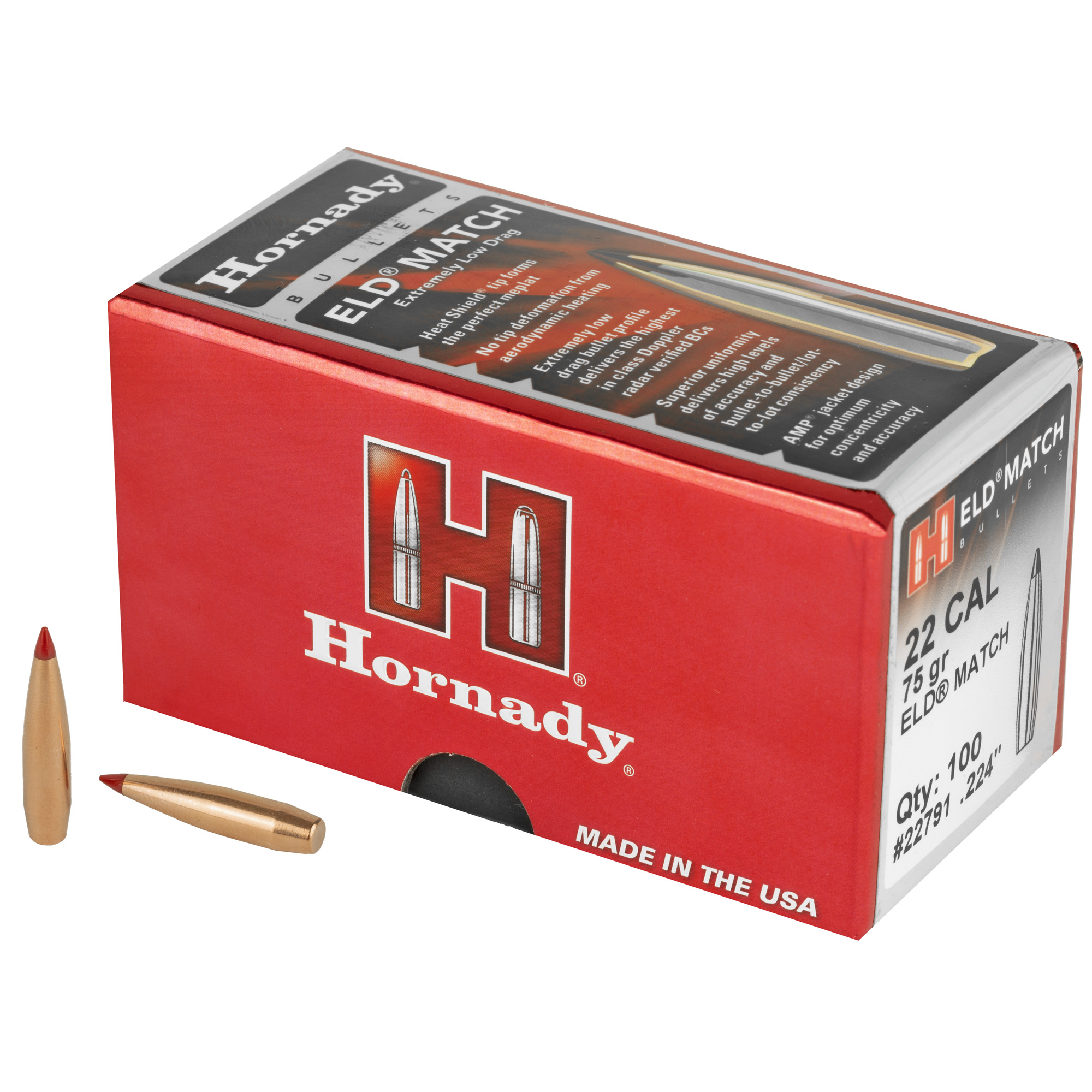 Hornady ELD-M 22 Caliber .224 75gr Lead and Copper ELD Match – 100