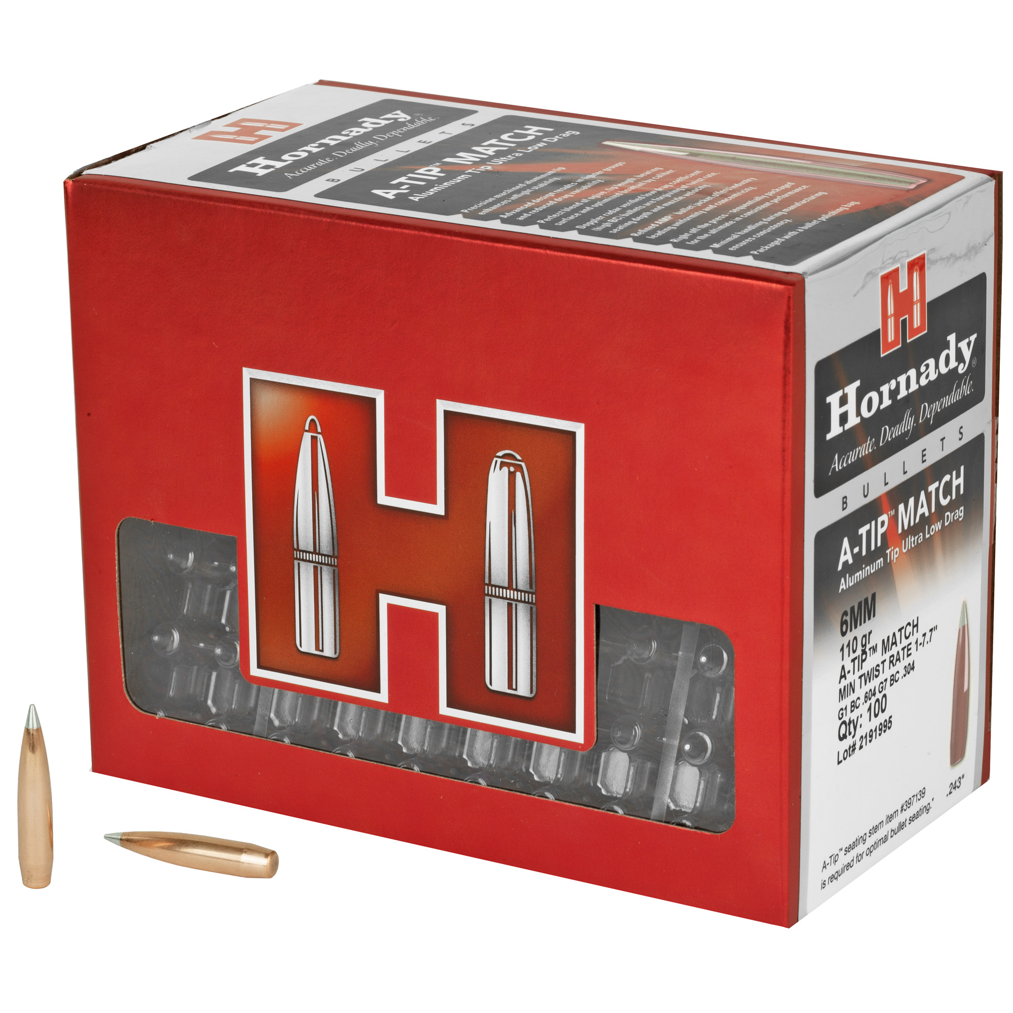 Hornady A-Tip Match 243 Caliber .243 110gr Lead and Copper – 100