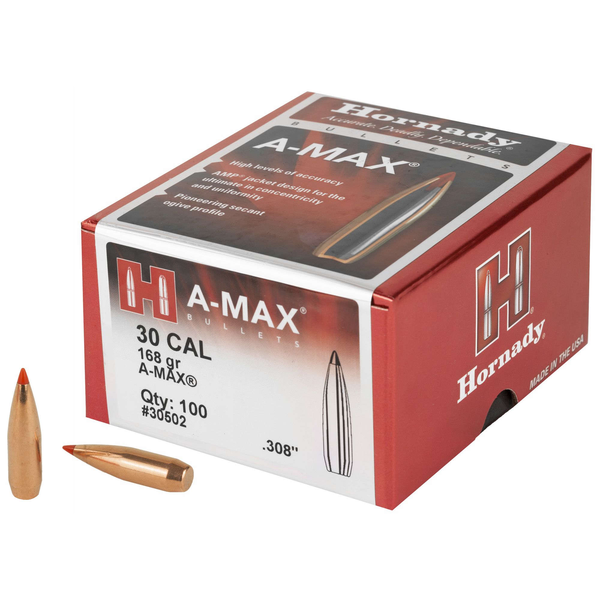 Hornady A-Max 30 Caliber .308 168gr Lead and Copper A-Tip – 100