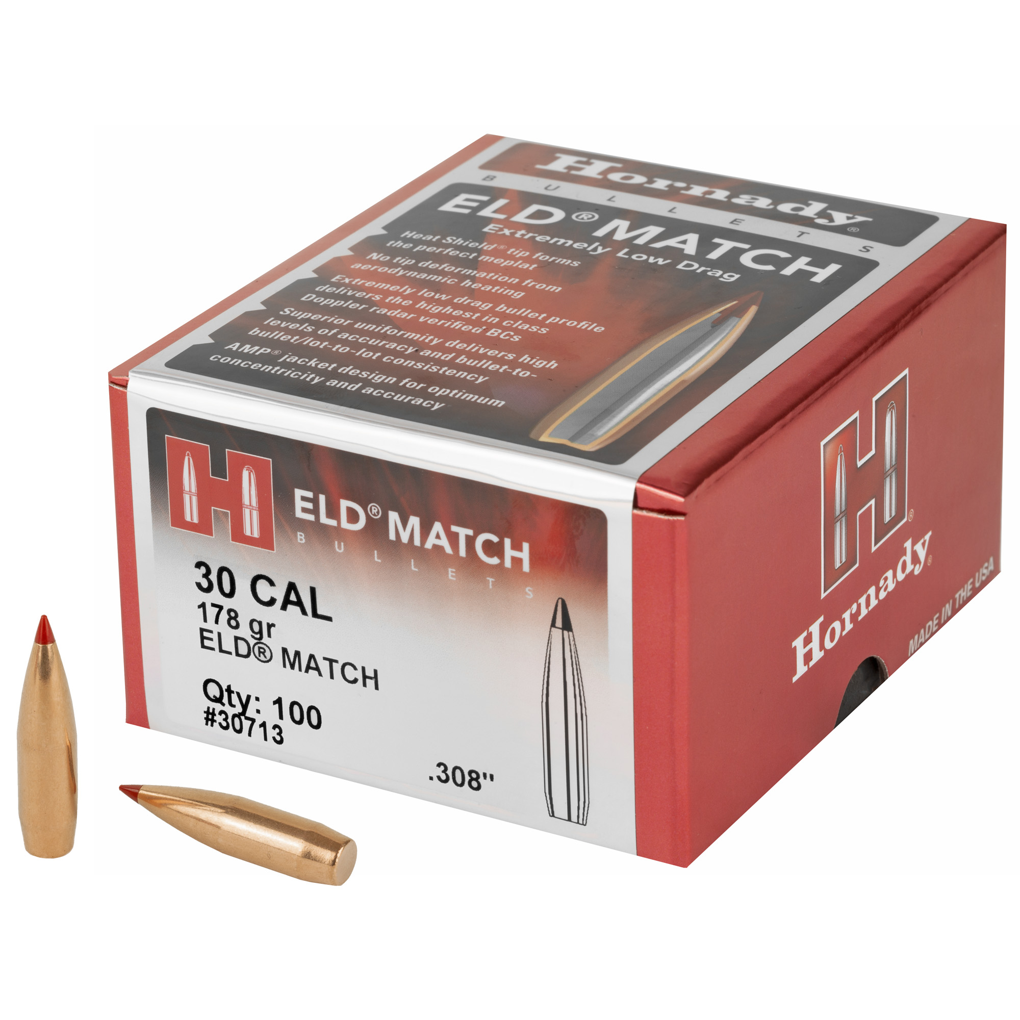 Hornady ELD-M 30 Caliber .308 178gr Lead and Copper ELD Match – 100