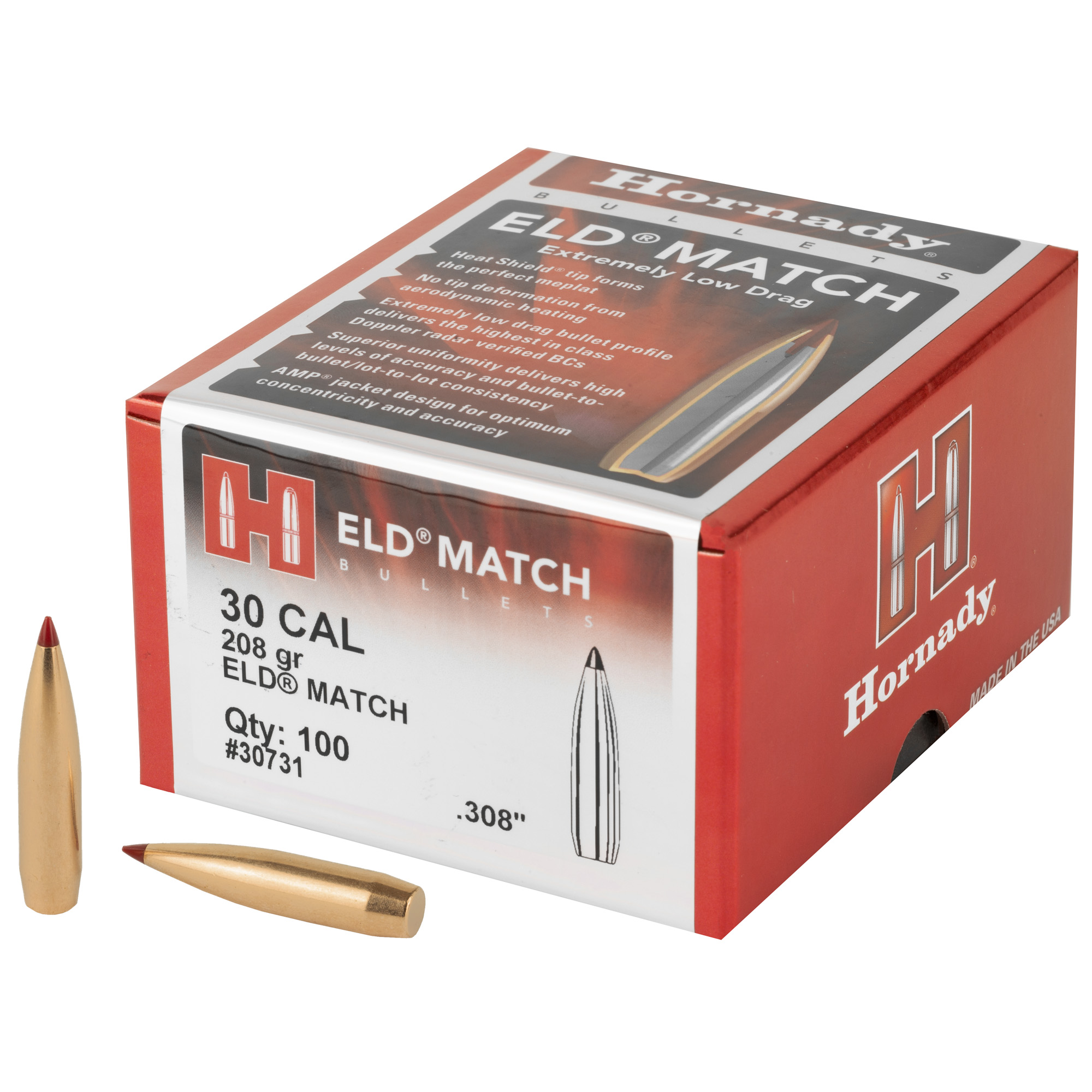 Hornady ELD-M 30 Caliber .308 208gr Lead and Copper ELD Match – 100