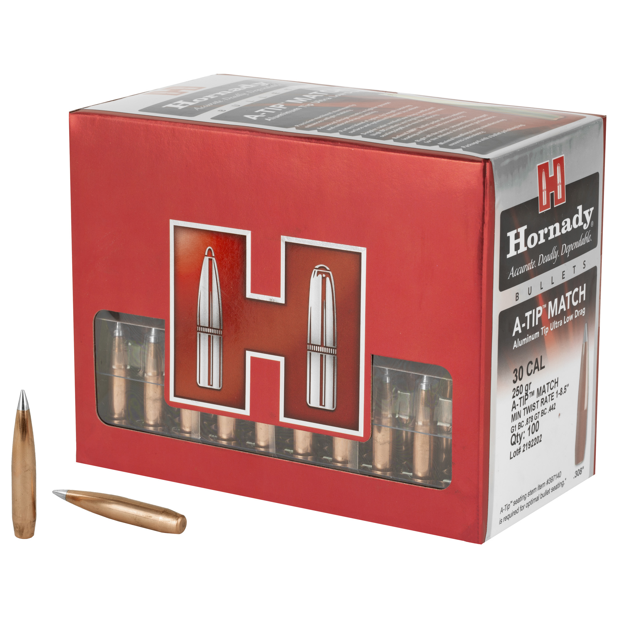 Hornady A-Tip Match 30 Caliber .308 250gr Lead and Copper – 100