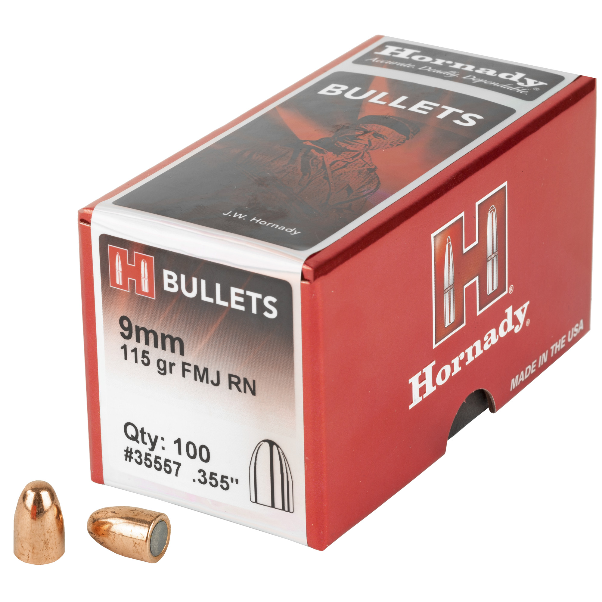 Hornady FMJ-RN 9mm .355 115gr Lead and Copper Round Nose – 100