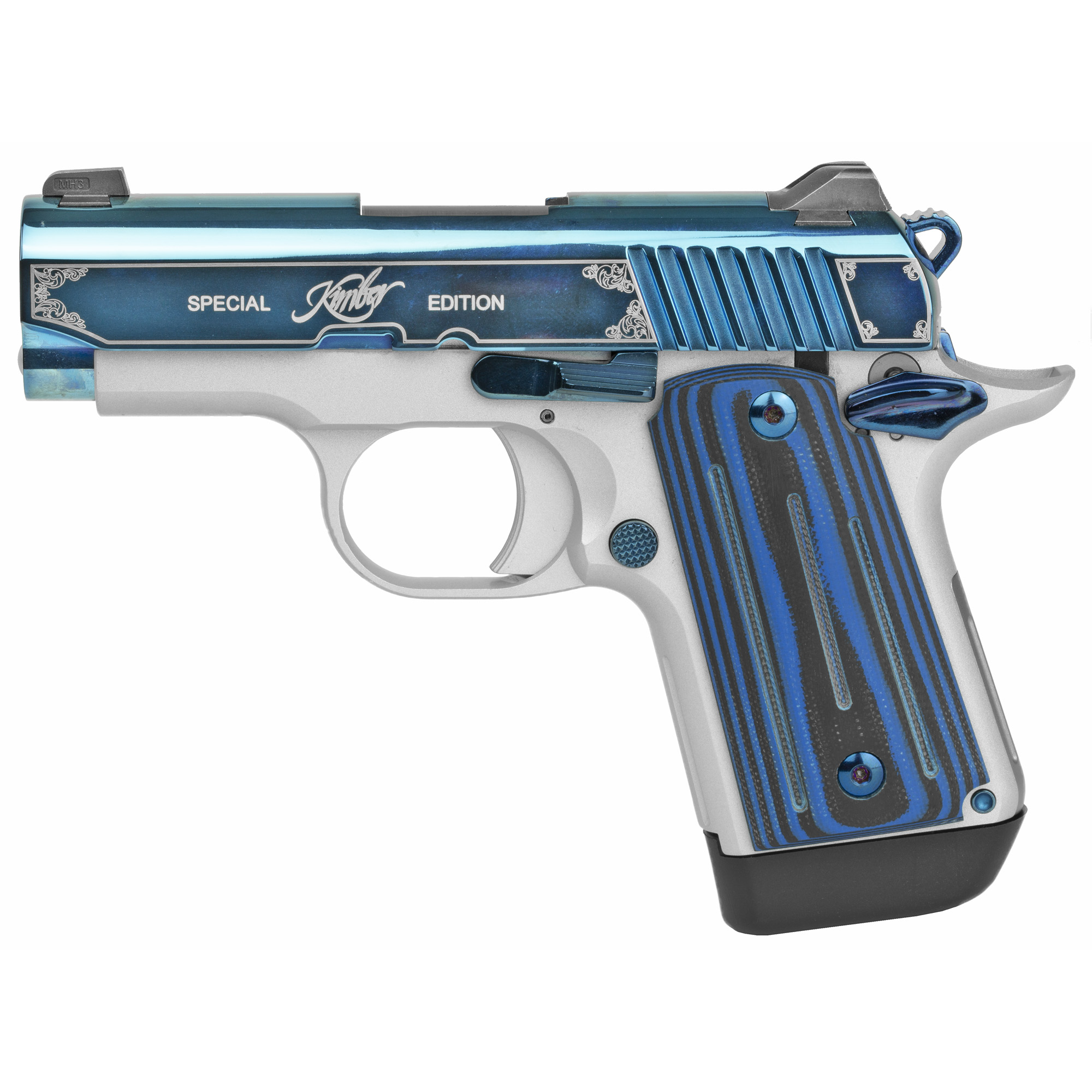 Kimber Micro 9 Sapphire Single Action 3.15″ 9mm 7rd Tritium Night Sights – Light Blue, Silver