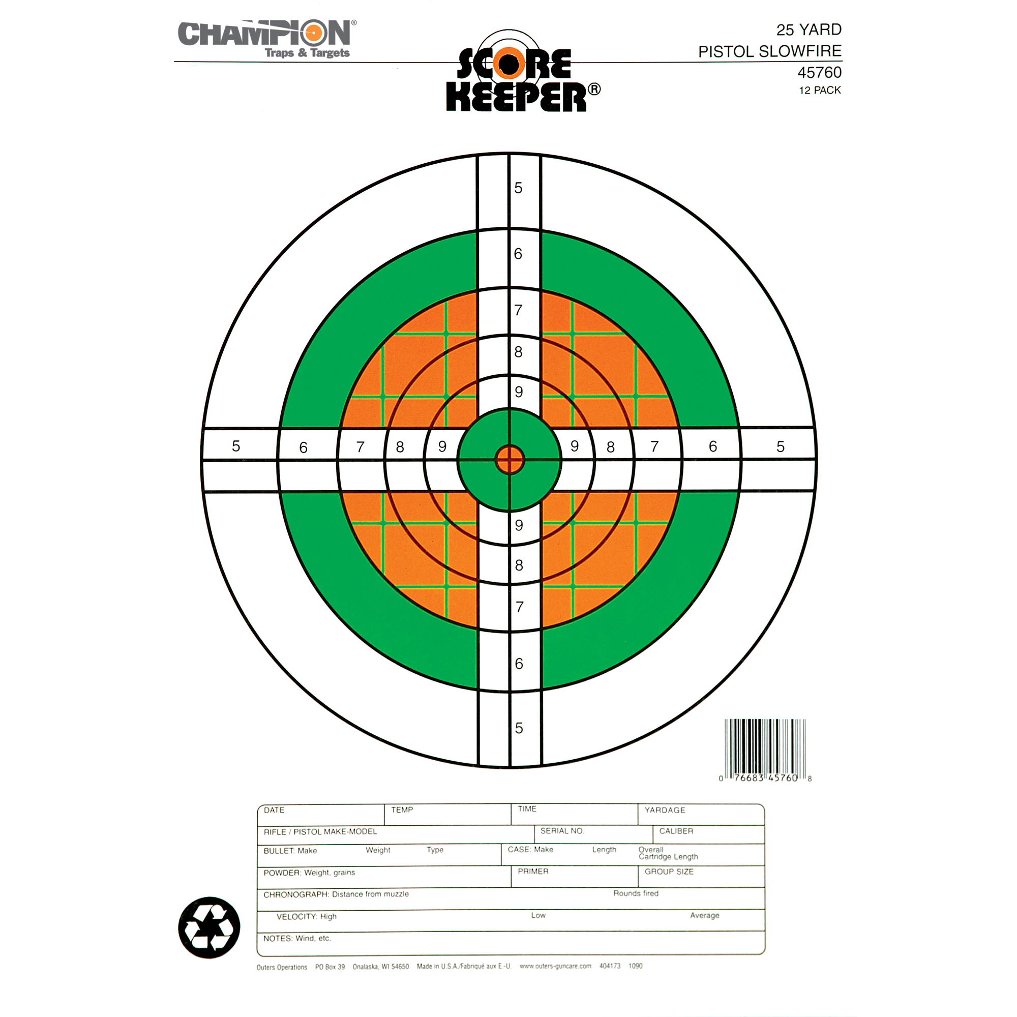 Champion Traps & Targets Fluorescent Orange/Green Bullseye Scorekeeper – 12/Pack