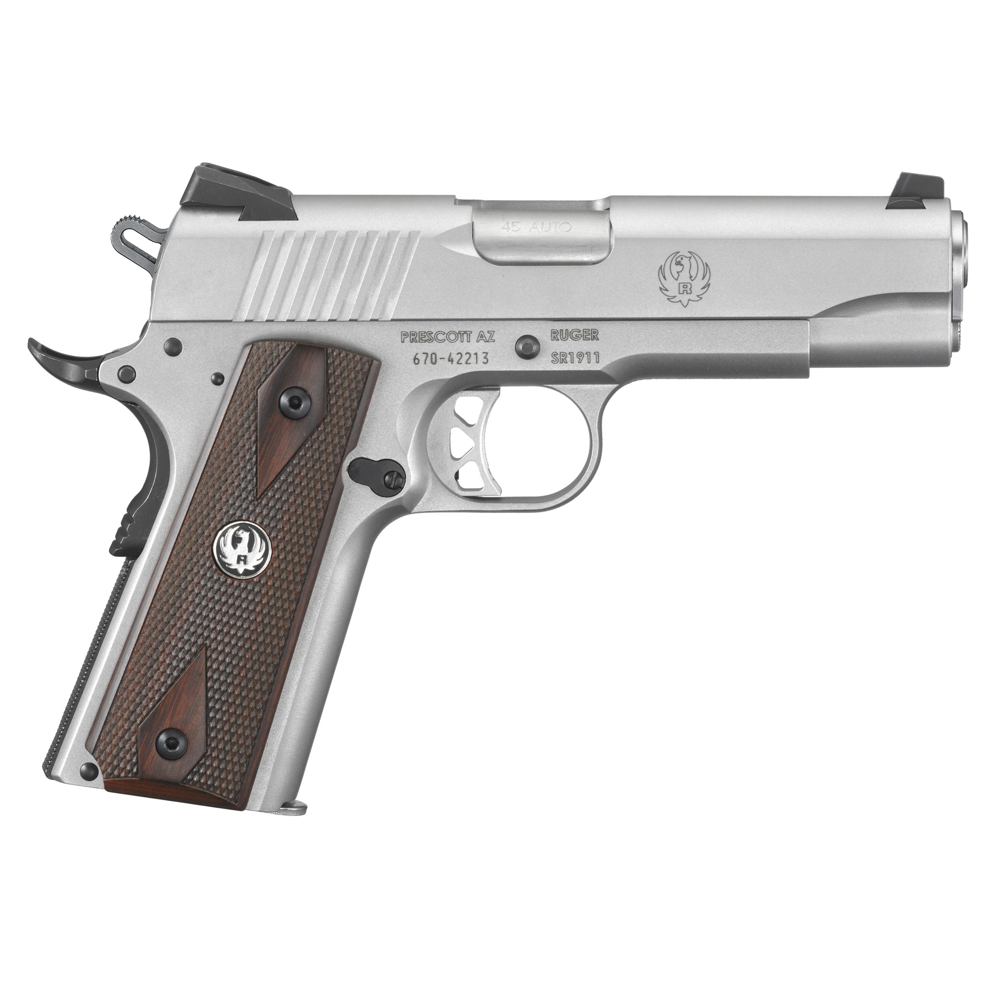 Ruger SR1911 4.25″ 45 ACP 7rd Drift Adjustable Novak 3 Dot – Silver