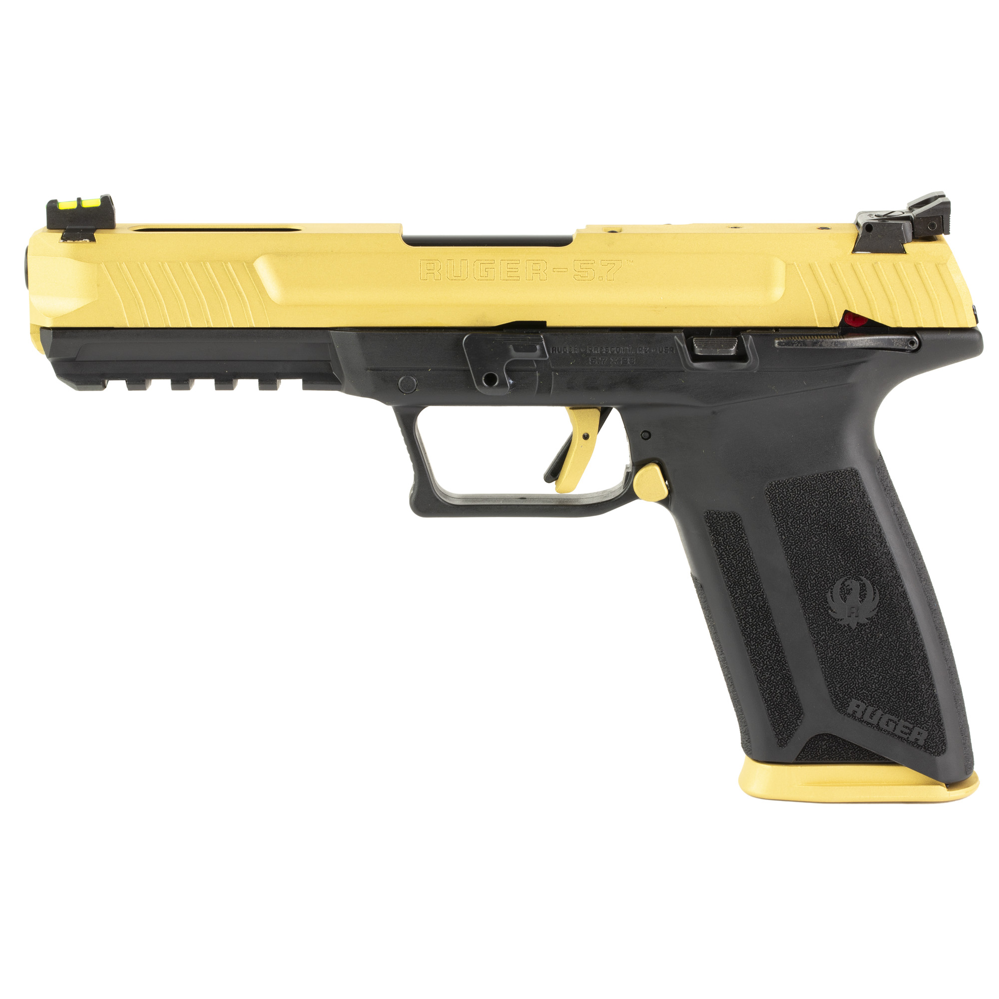 Ruger 57 Double Action 4.94″ 5.7X28mm 20rd Fiber Front & Adjustable Rear Sights – Black, Gold