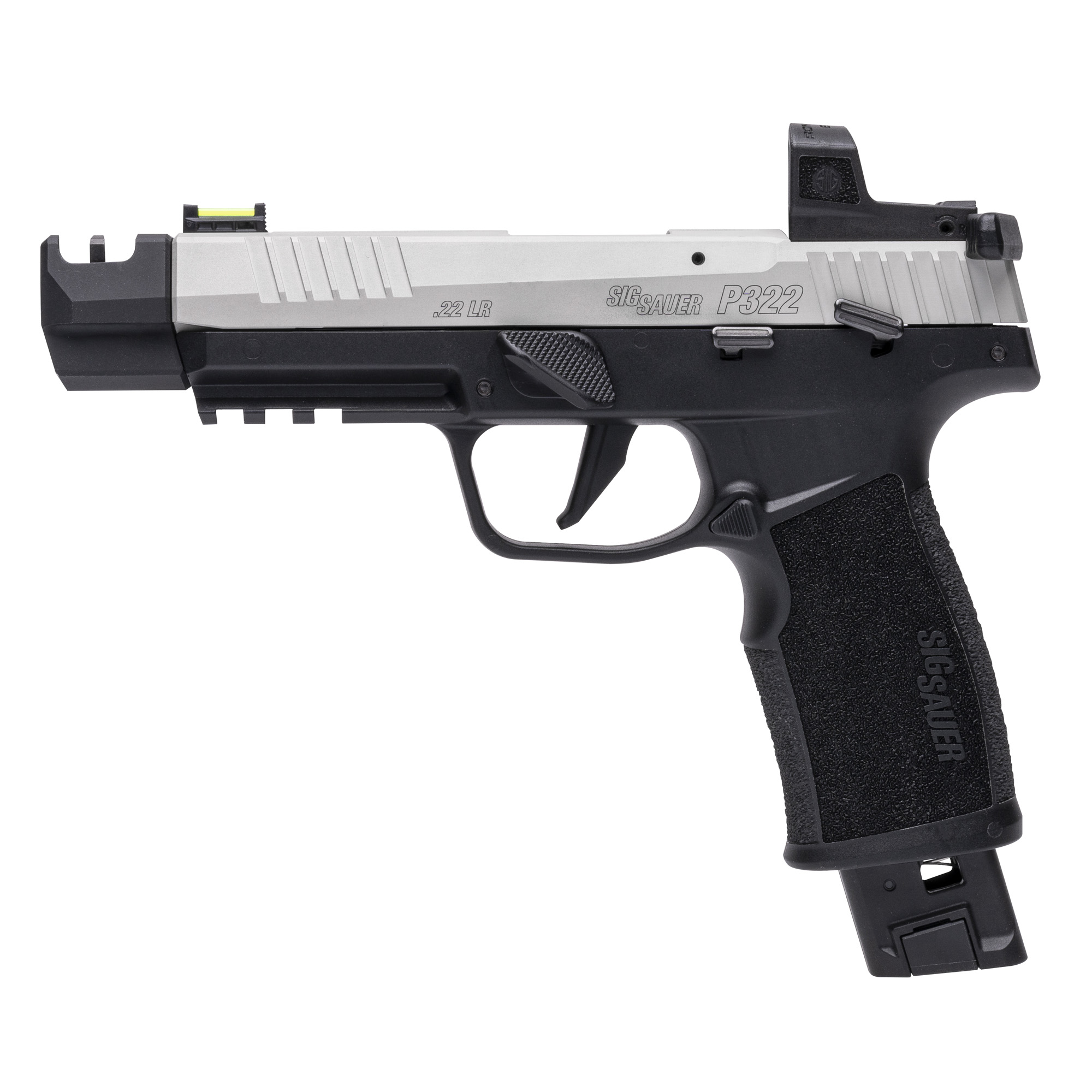 Sig Sauer P322 Compact Single Action Only 4″ 22 LR 25rd Fiber Optic – Black, Silver