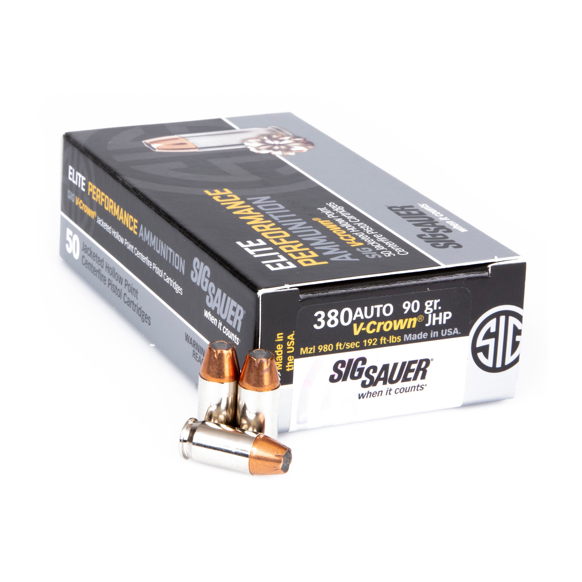 Sig Sauer Elite Performance V-Crown 380 ACP 90gr Jacketed Hollow Point – 50rd