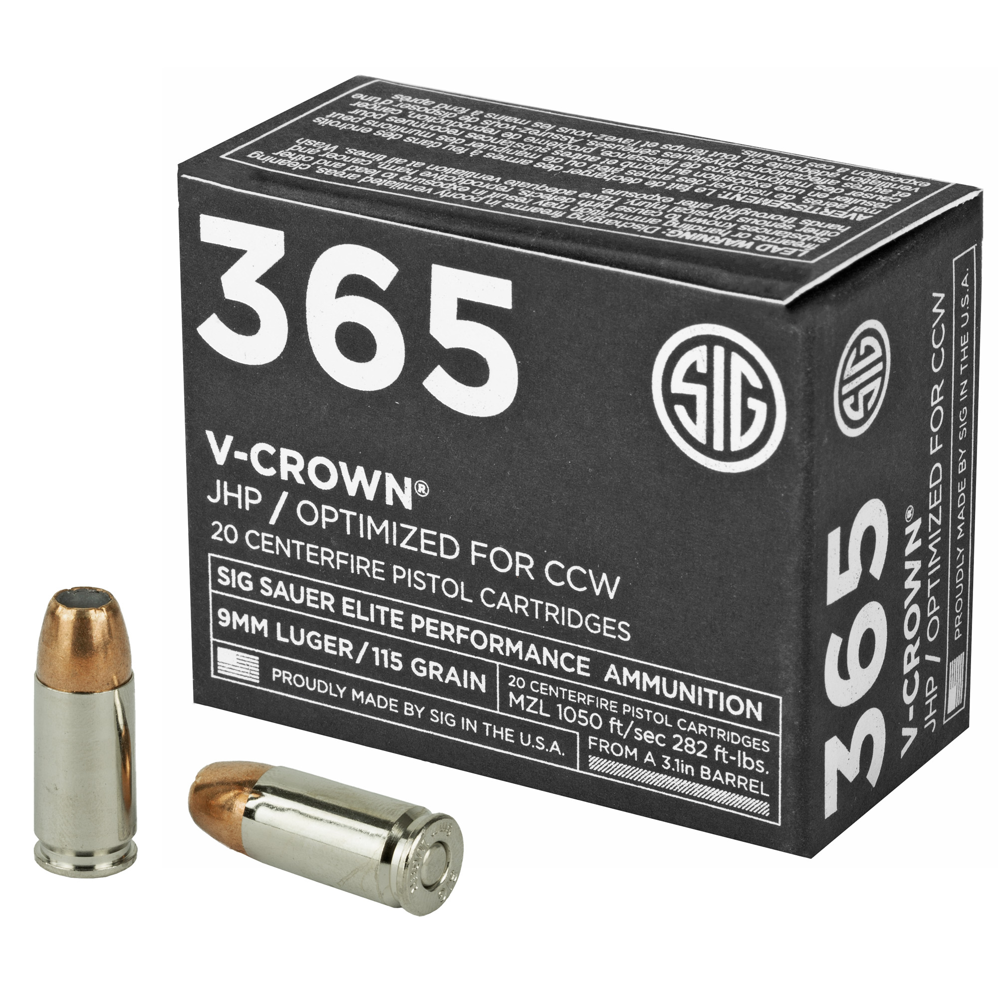 Sig Sauer Elite Performance V-Crown 9mm Low Recoil 115gr Jacketed Hollow Point – 20rd