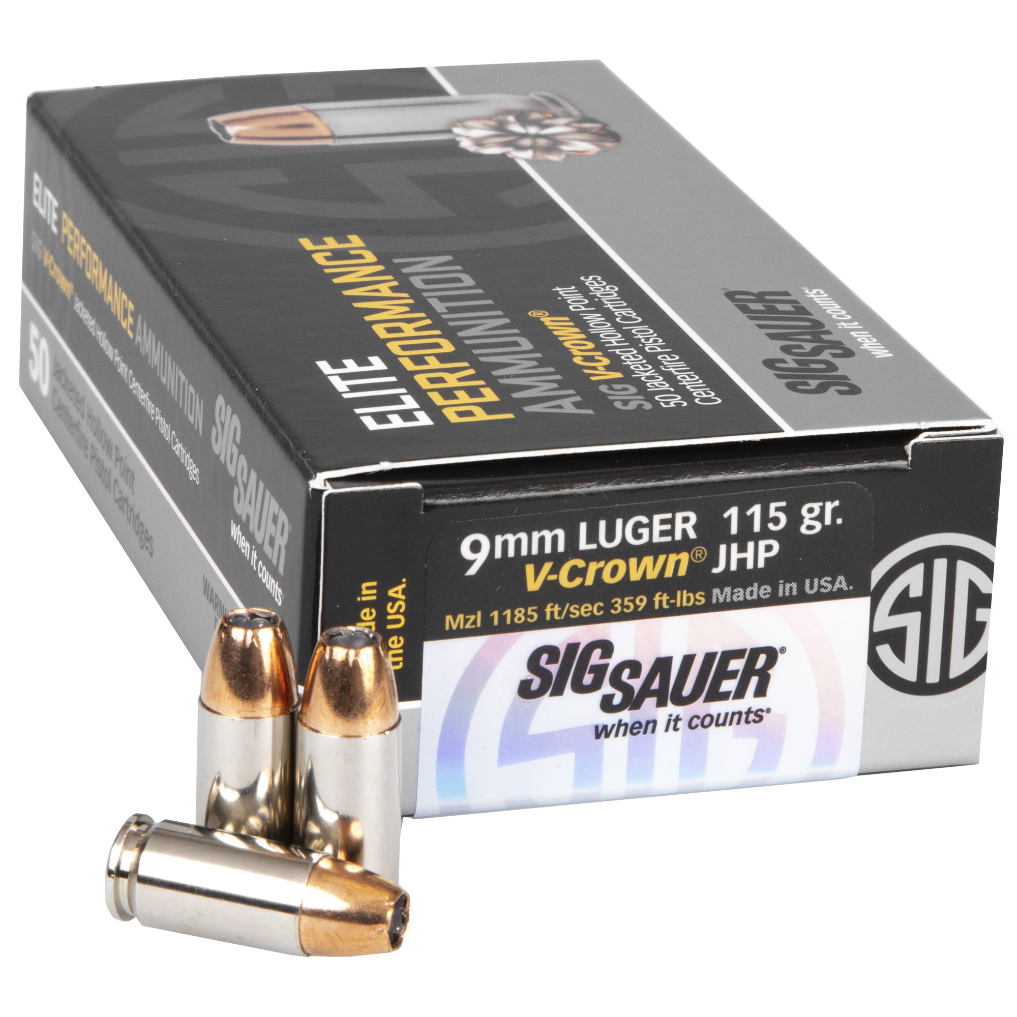 Sig Sauer Elite Performance V-Crown 9mm 115gr Jacketed Hollow Point – 50rd