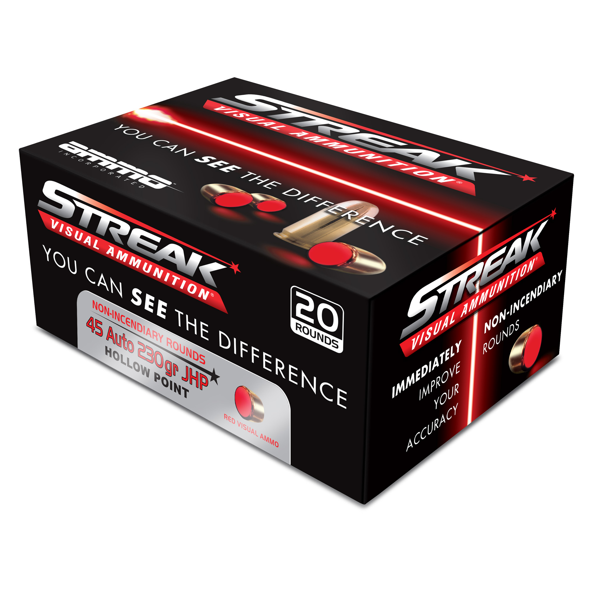 STREAK Streak Defense 45 ACP Non-Incendiary Tracer 230gr Jacketed Hollow Point – 20rd