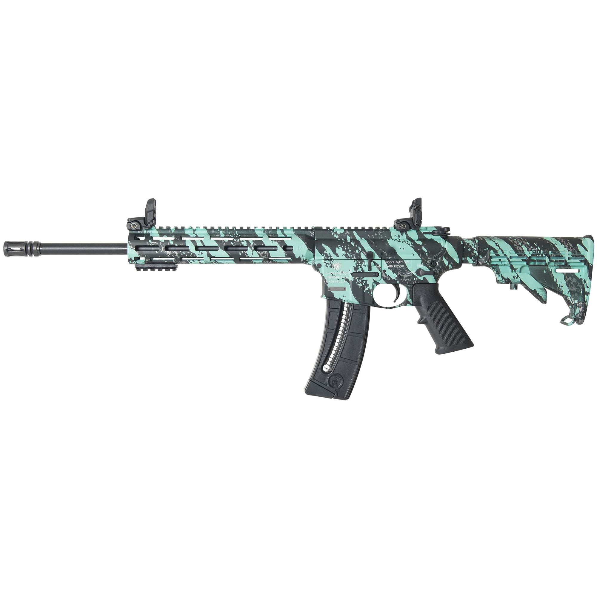 Smith & Wesson M&P15-22 AR 16.5″ 22 LR 25rd Front/Rear Flip Sights – Robin’s Egg Blue Platinum Camo