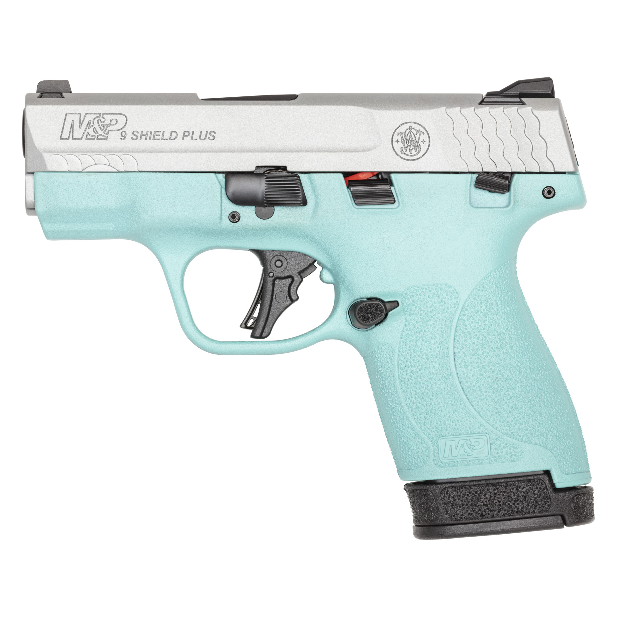 Smith & Wesson Shield Plus M&P9 Striker Fired 3.1″ 9mm 13rd White Dot Sights – Robin’s Egg Blue, Silver