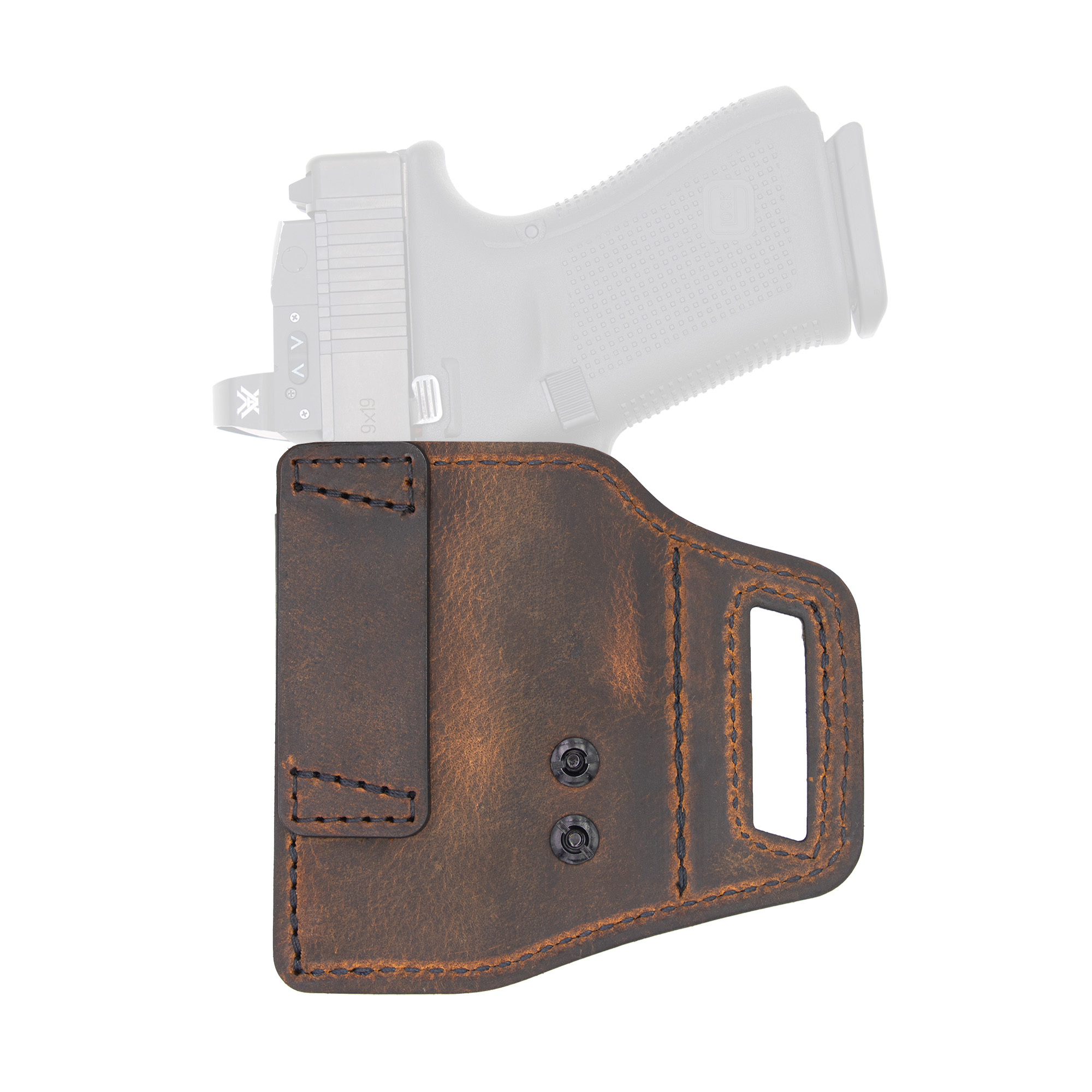 Versacarry Glock 19 V-Slide Right Hand Leather, Polymer Belt Slide Holster – Brown