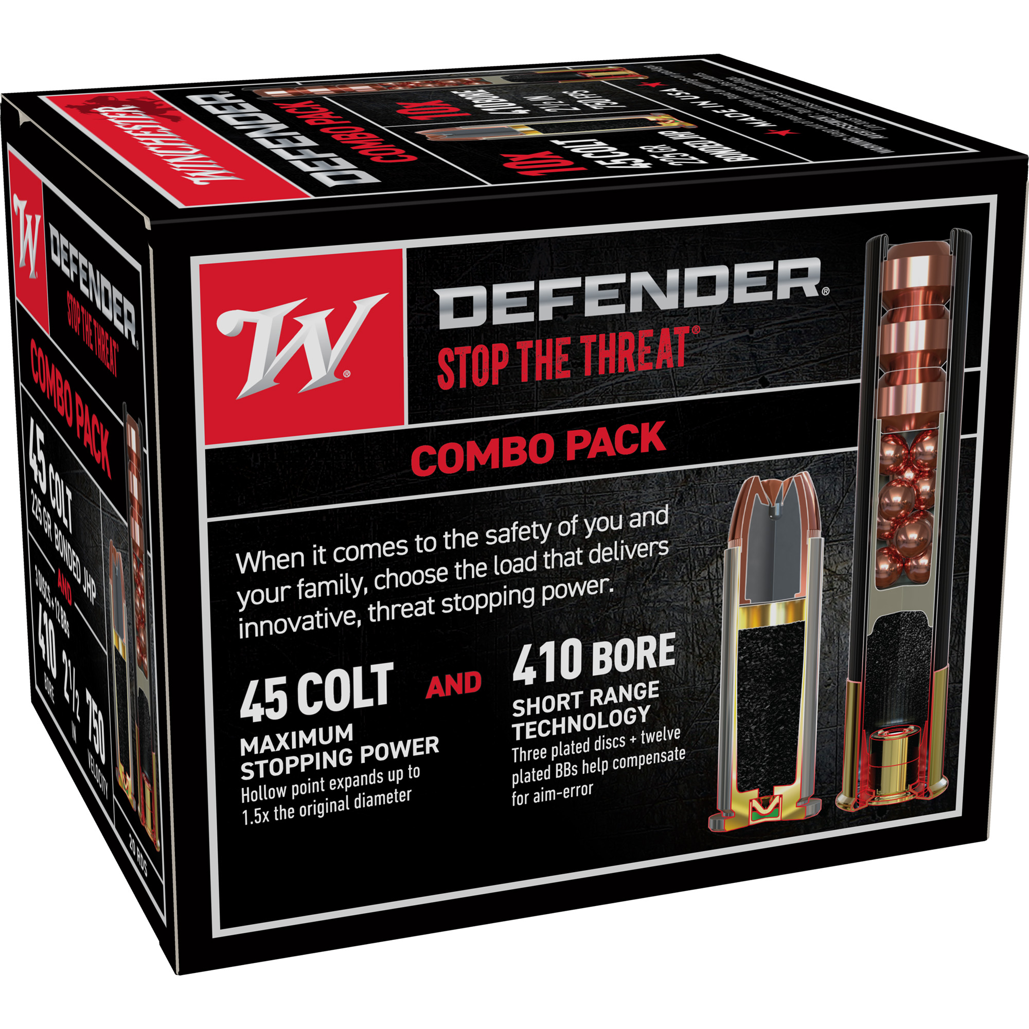 Winchester PDX1 Defender 410 Gauge 2.5″ 45 Long Colt Combo: 10rd of 45LC & 10rd of .410GA 000 Buck 225gr Buck Shot/Hollow Point – 20rd